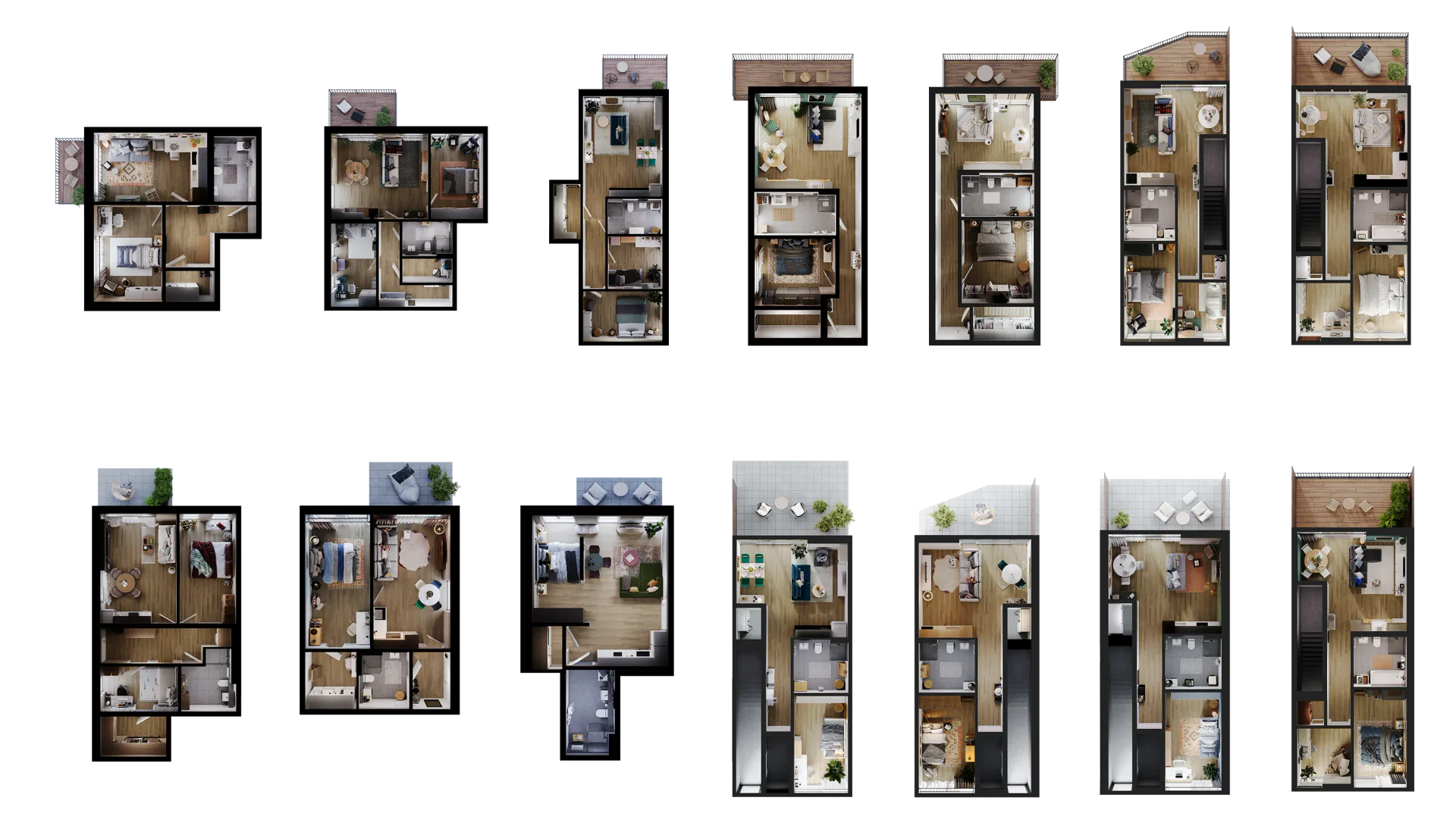 Collage of top-down floor plan layouts for a modern townhouse complex.