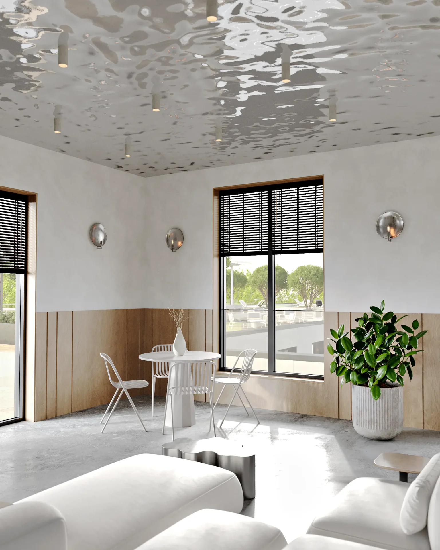 Sunlit dining table for four, positioned by a large window in a cafe.