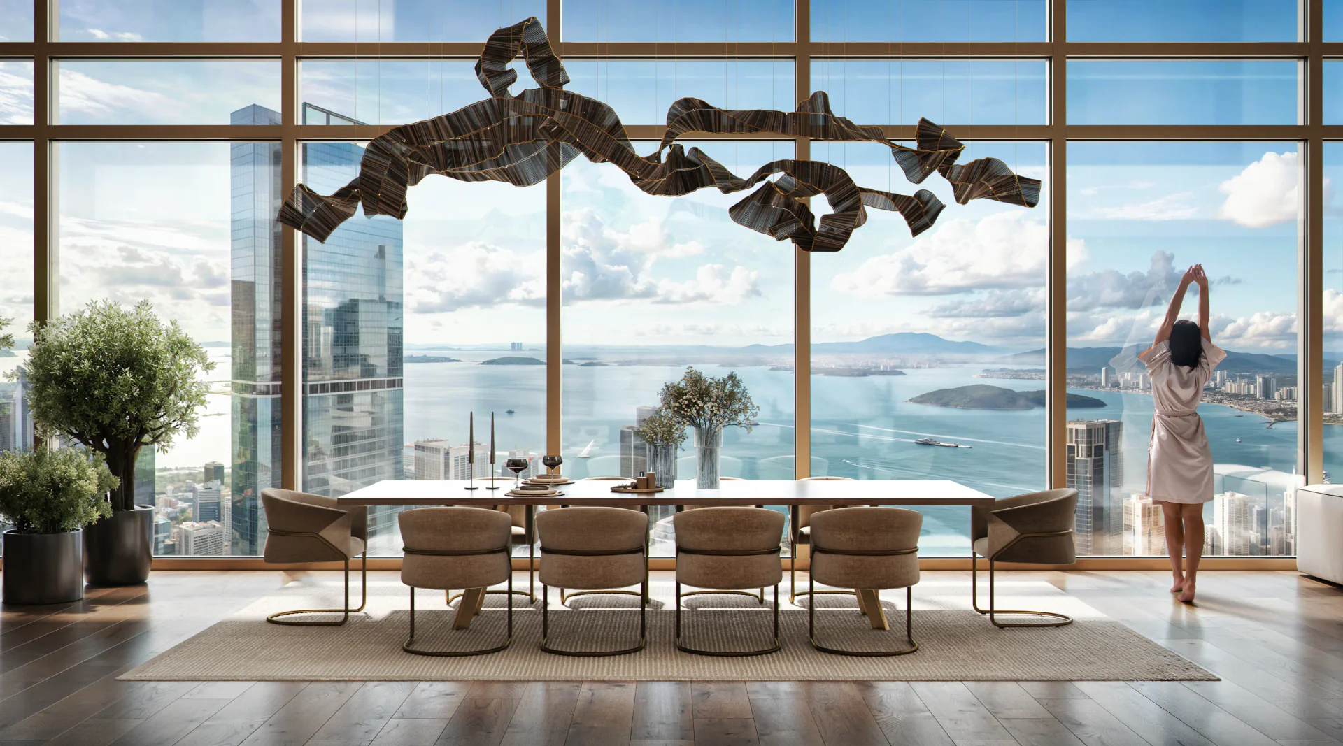Bright dining area in a neoclassical interior, with a woman stretching by the window.