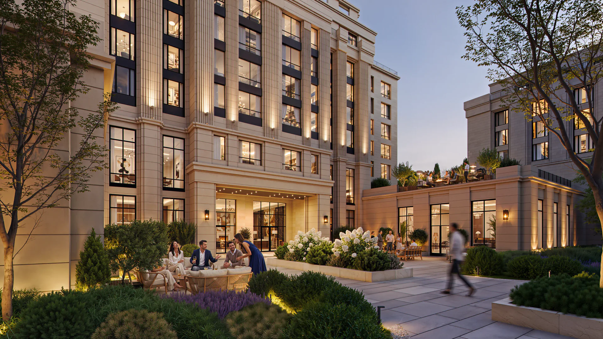Inner courtyard with flower beds and benches.