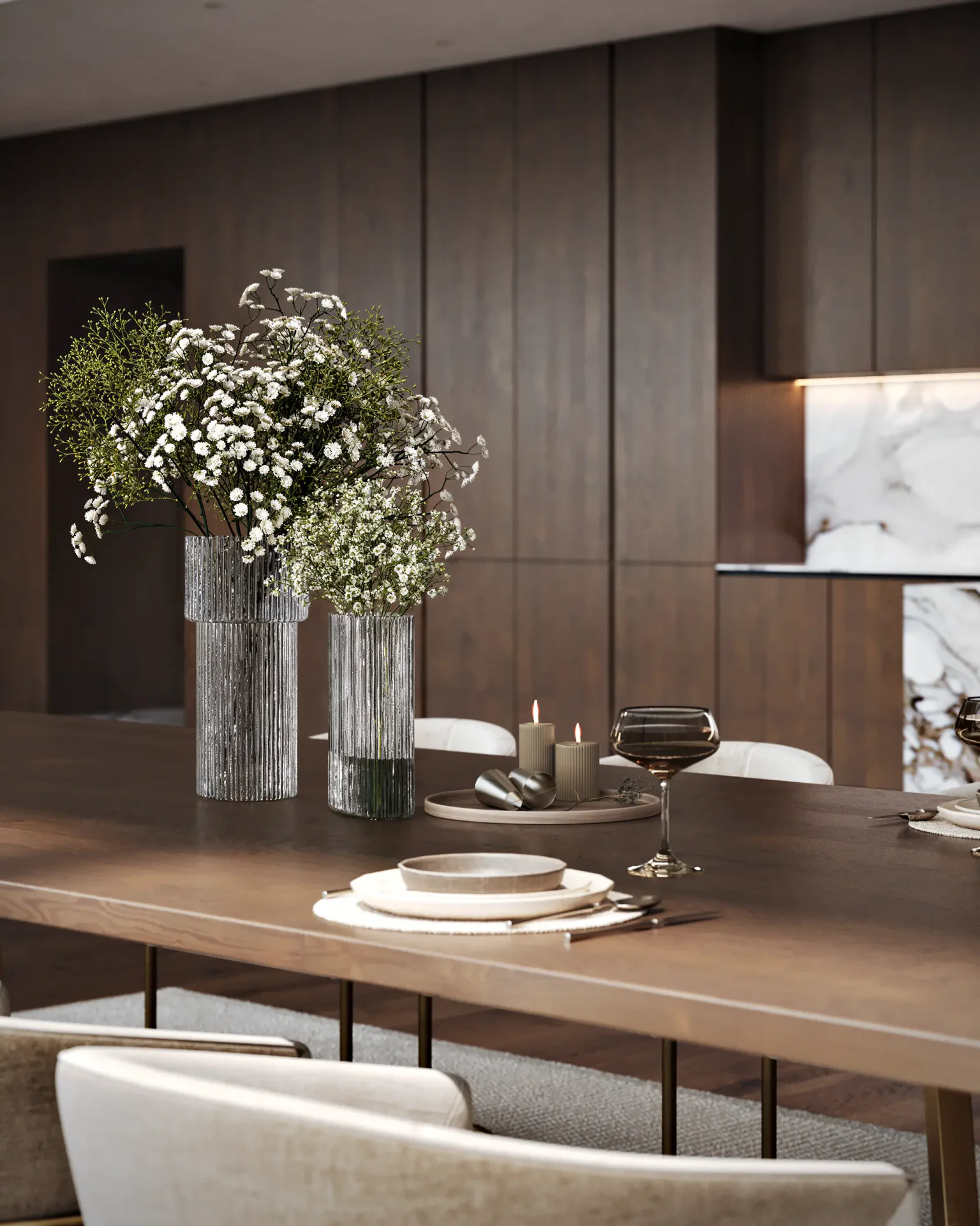 Close-up view of an elegant table setting in the formal dining area.