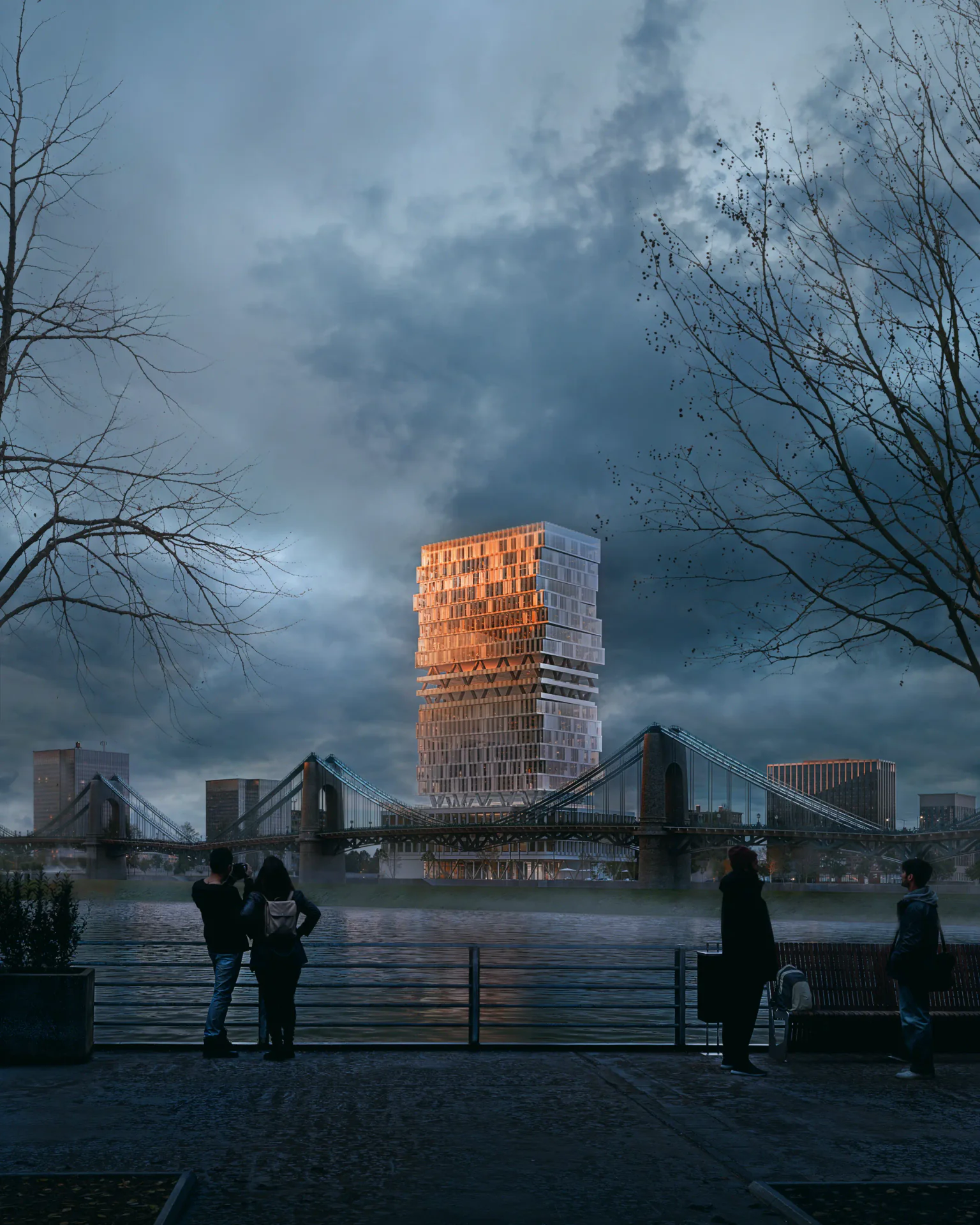 Dramatic post-rain view of a skyscraper from a river pier, with sunbeams hitting the facade and people admiring the skyline.