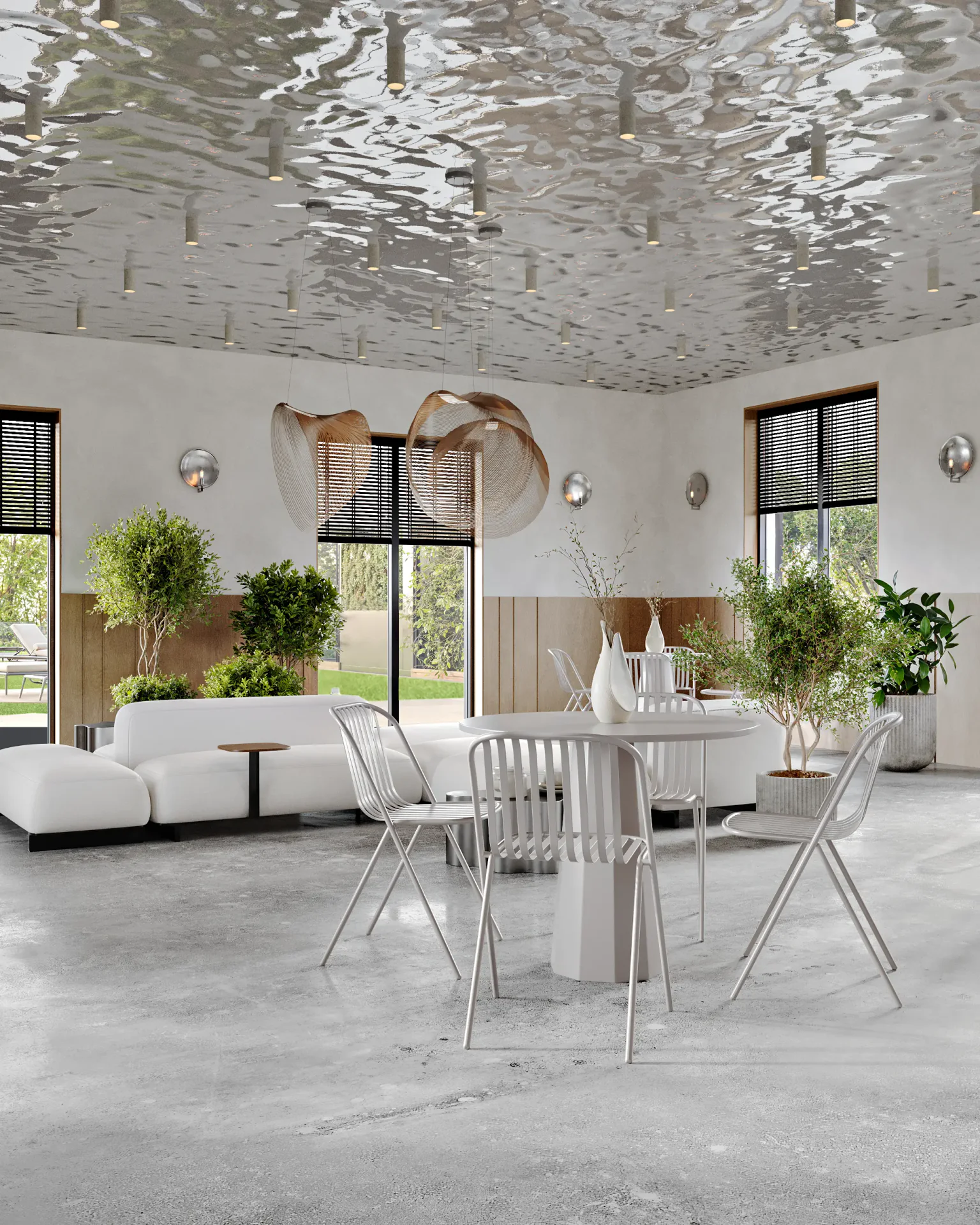 Cafe dining space featuring a window table for four and a separate sofa lounge.