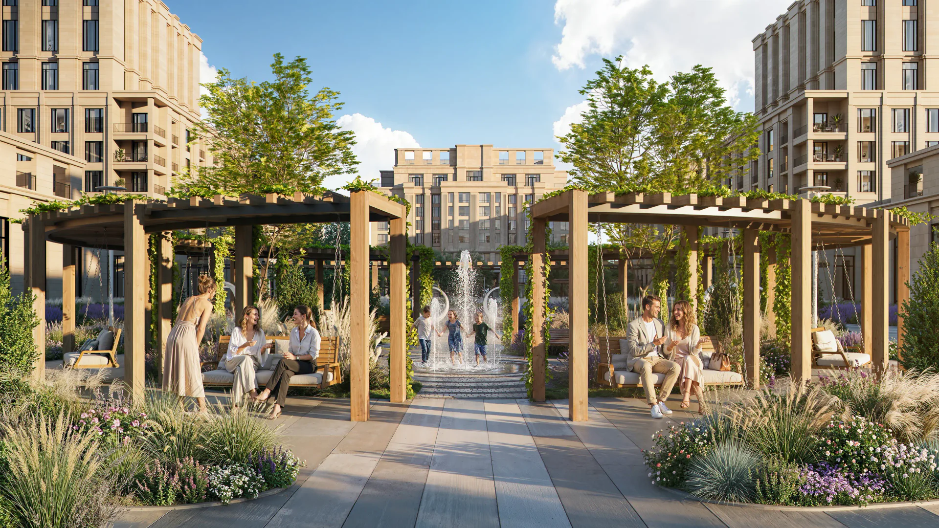 View of a fountain and gazebos with people in the sun.