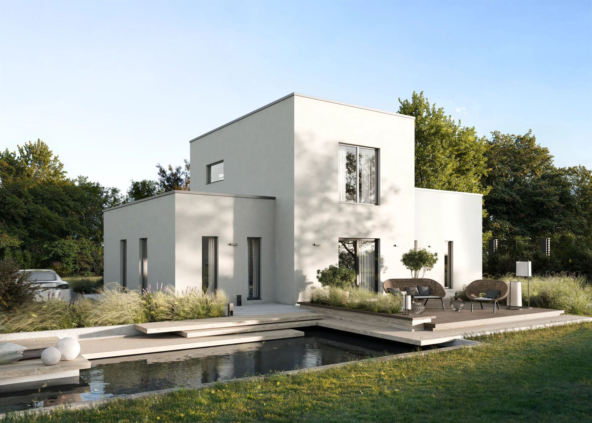 Daytime view of a backyard featuring a swimming pool and sun deck.