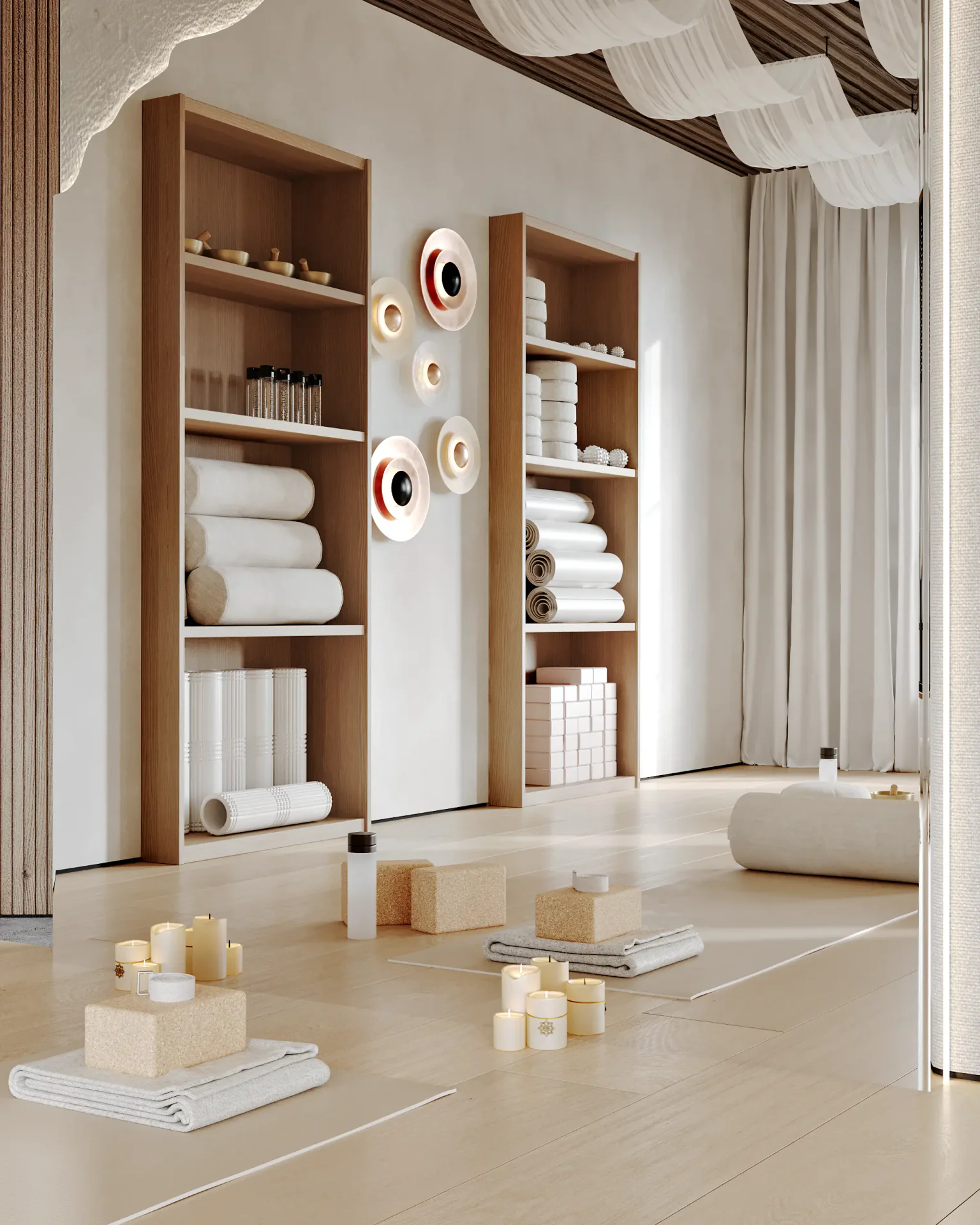 View of a yoga studio's mirrored wall reflecting the neatly organized equipment shelves.