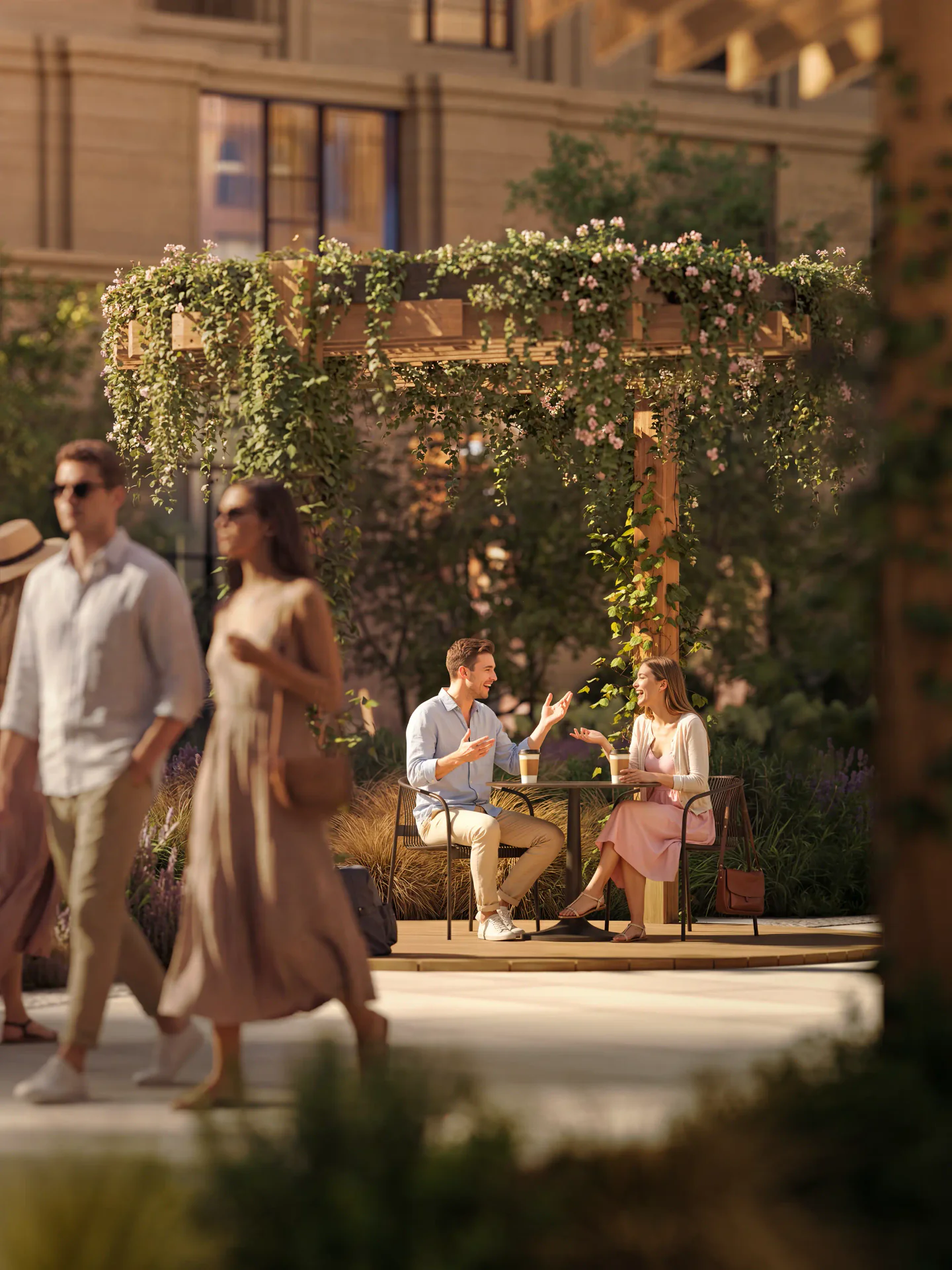 View of a plant-covered gazebo with a couple relaxing.