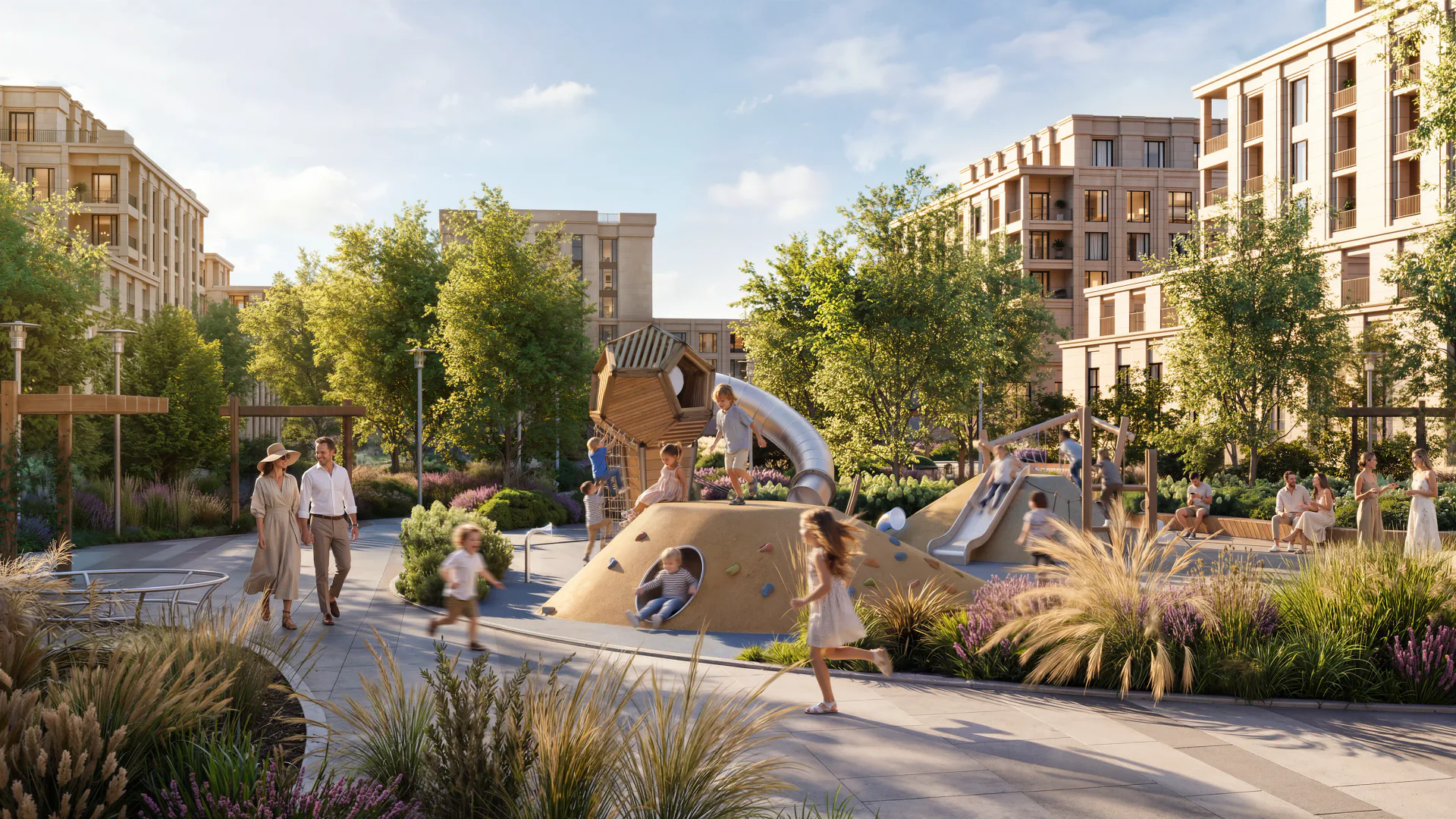 Sunny playground with children playing.