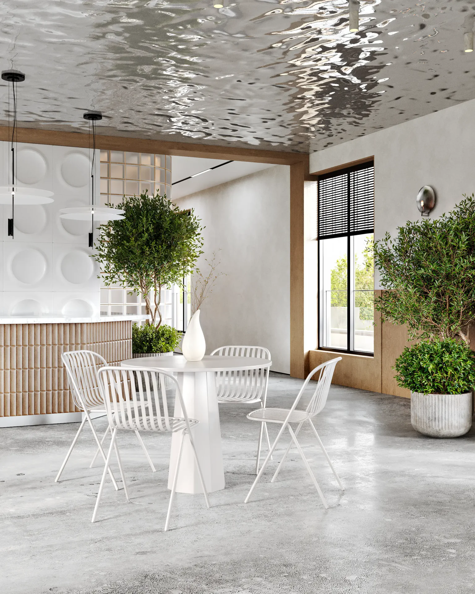 A high-top table for four located next to the main bar counter.