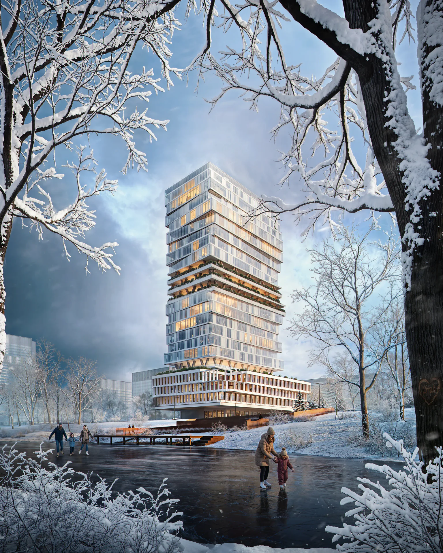 Winter view of a modern skyscraper overlooking an outdoor ice rink, with families and children skating.