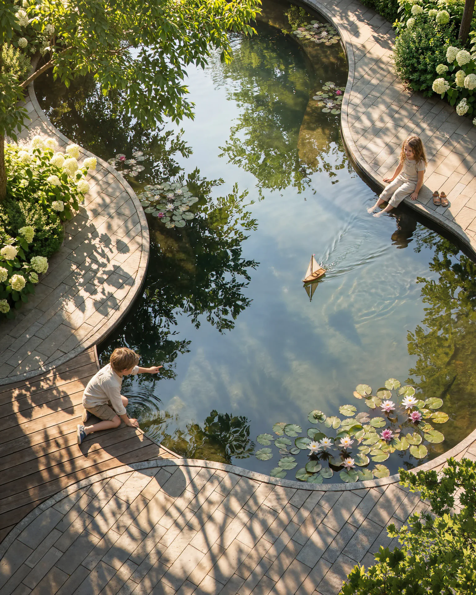 Aerial view of a pond with children sailing toy boats.