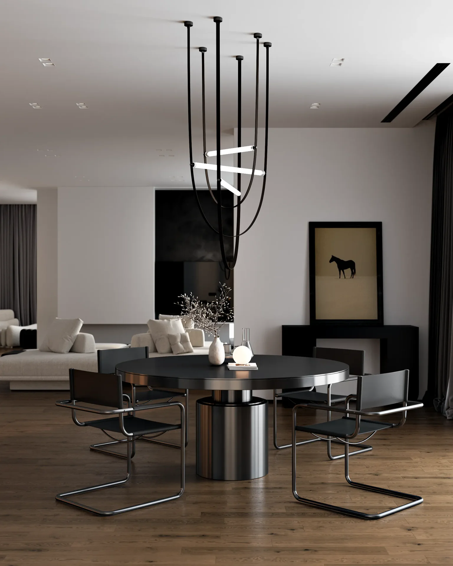 Frontal view of a modern dining area, with the comfortable living room visible in the background.
