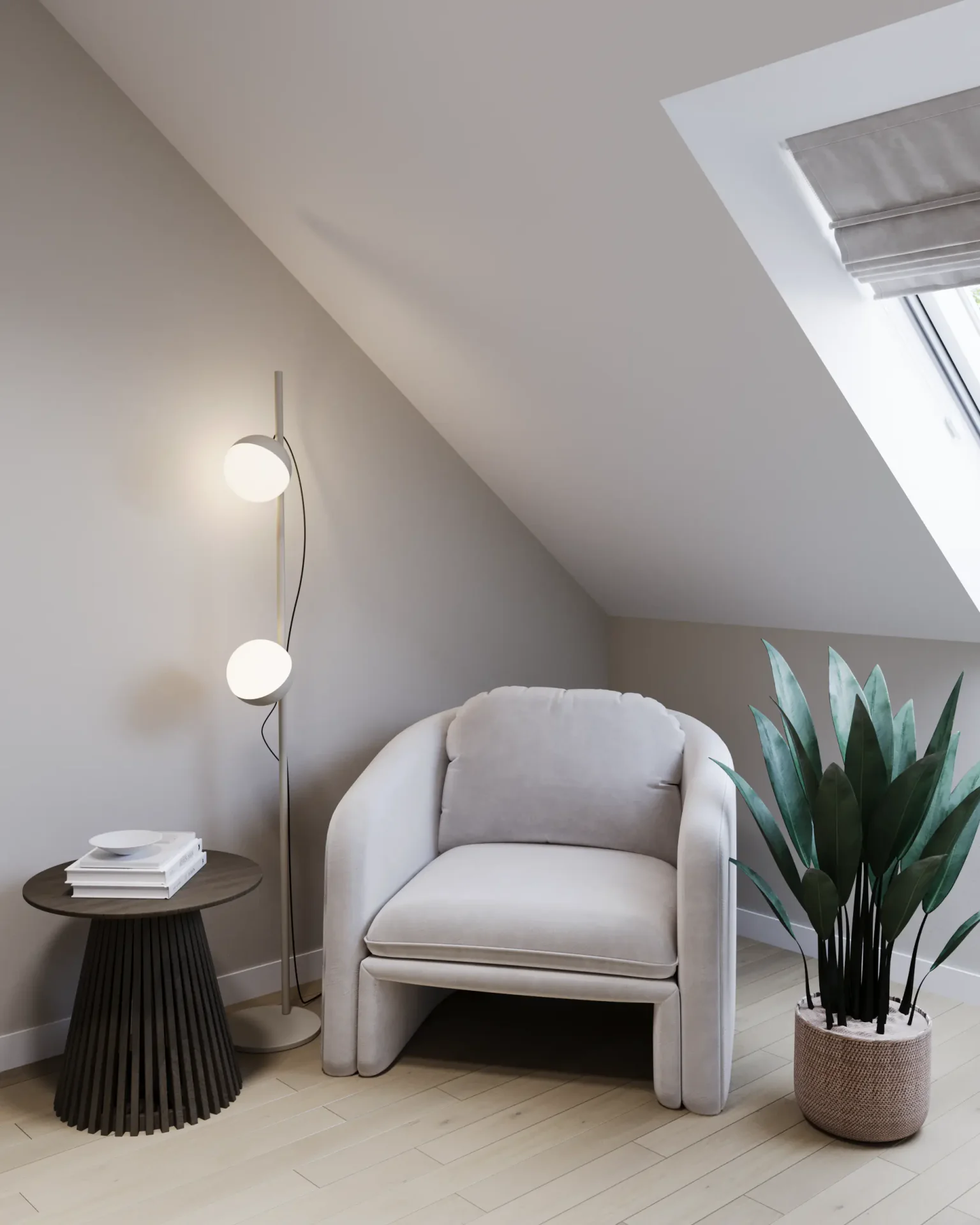 Relaxation corner by the window with an armchair and lamp.