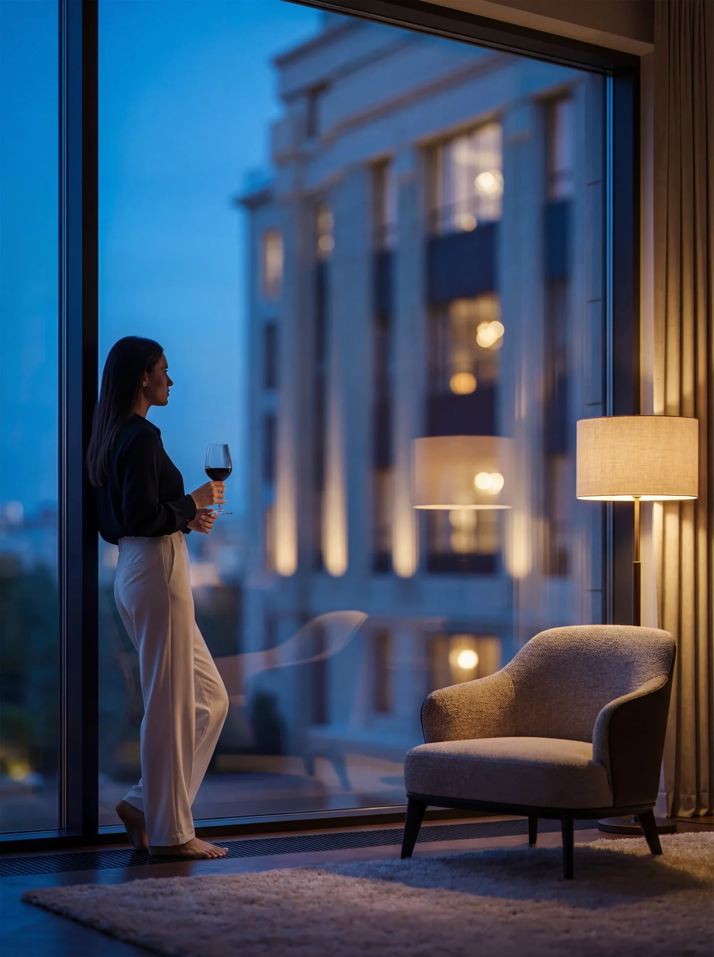 Woman drinking wine by the window near a cozy armchair and floor lamp in the evening.