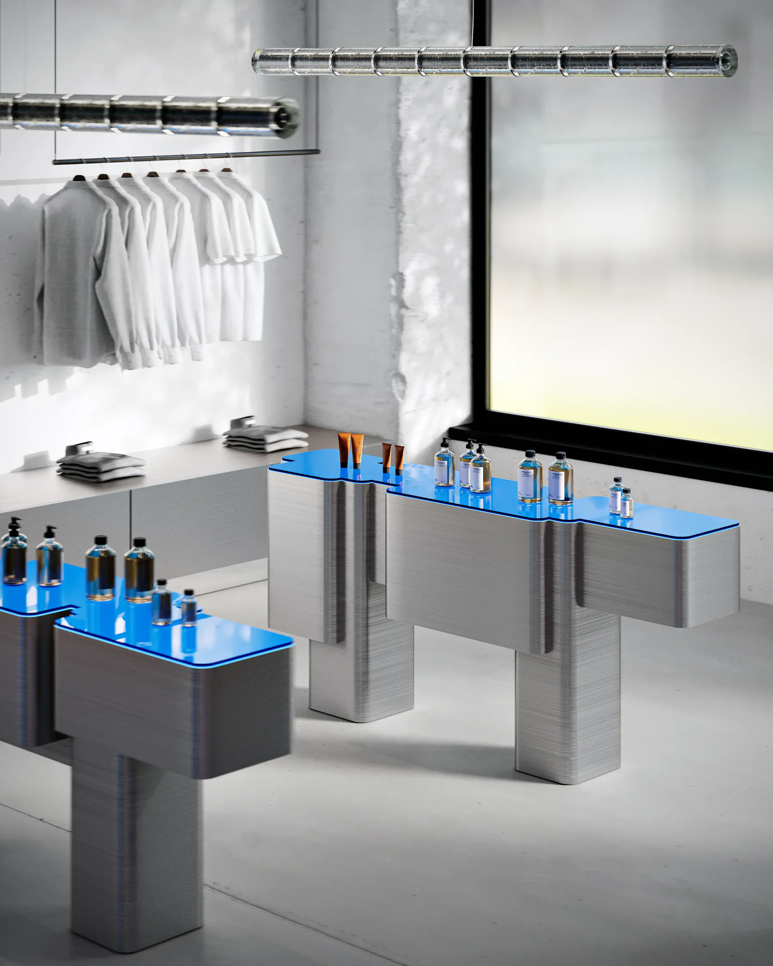 Overhead view of elegantly arranged cosmetic product display stands.