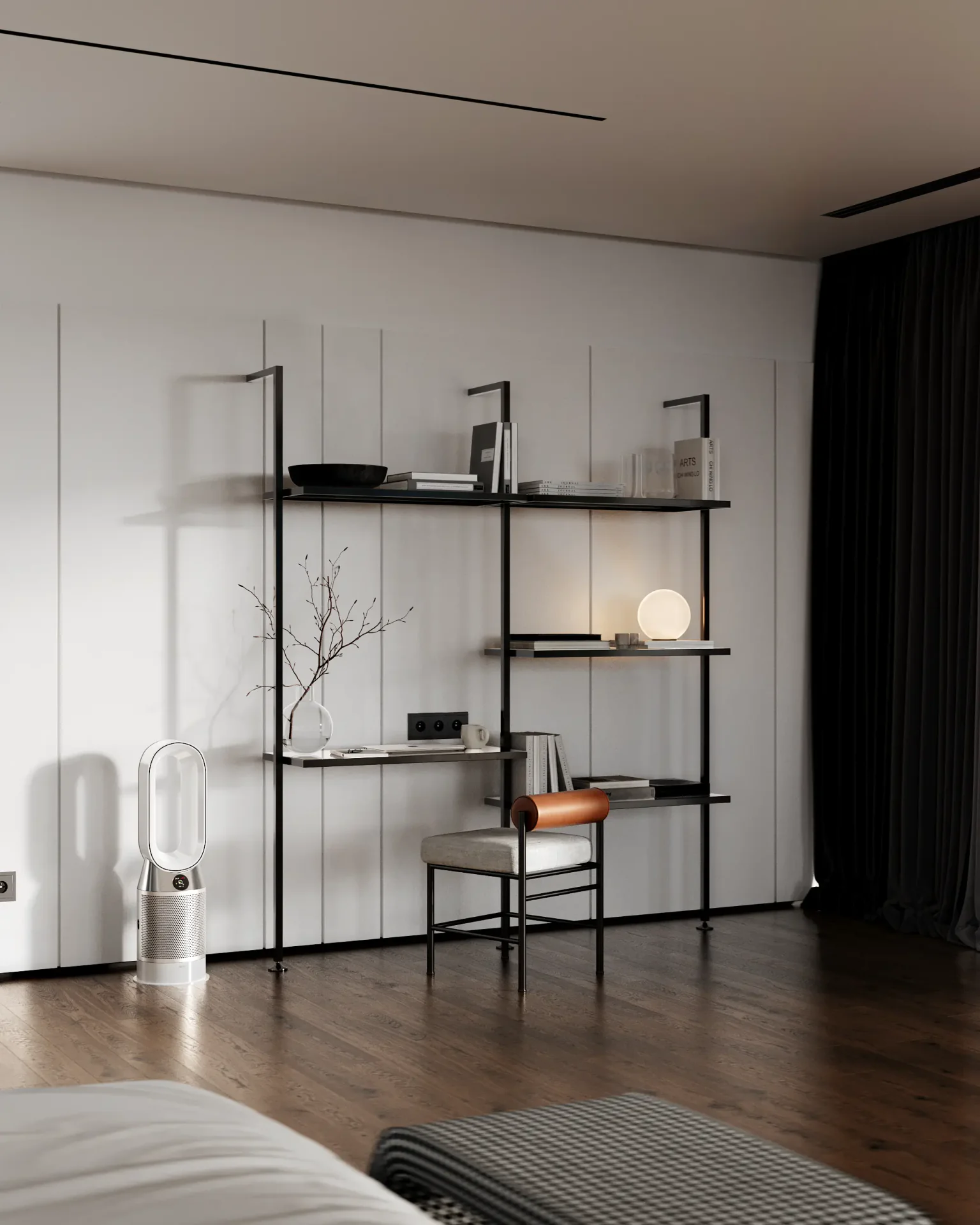 Minimalist workspace in a modern bedroom, featuring a sleek desk and integrated wall shelving.