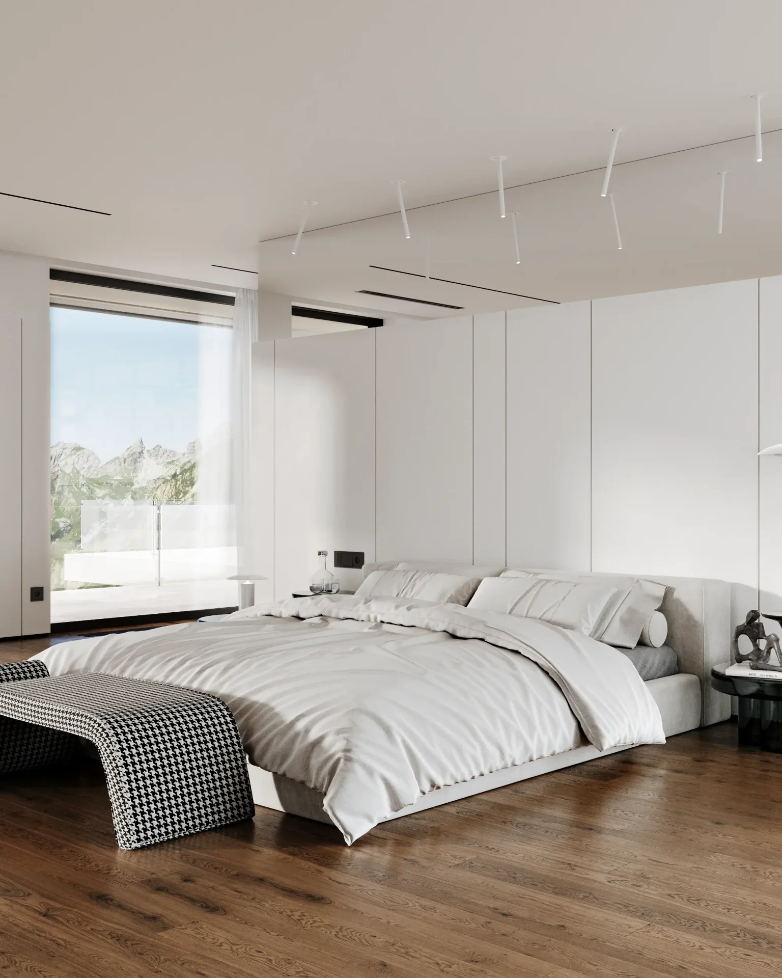 Bright, sunlit modern bedroom focusing on a serene, elegantly styled bed.