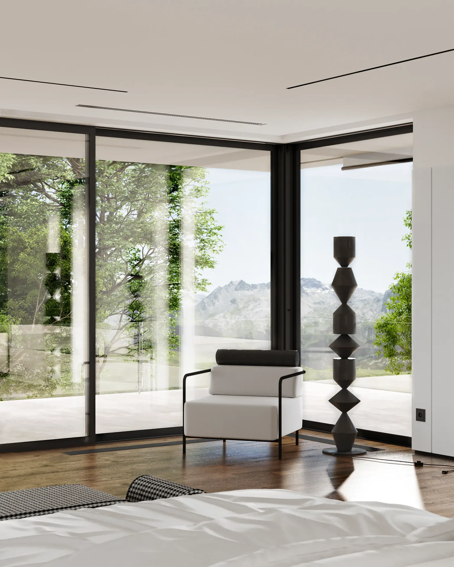 Serene bedroom reading nook by the window, featuring a modern armchair and floor lamp.