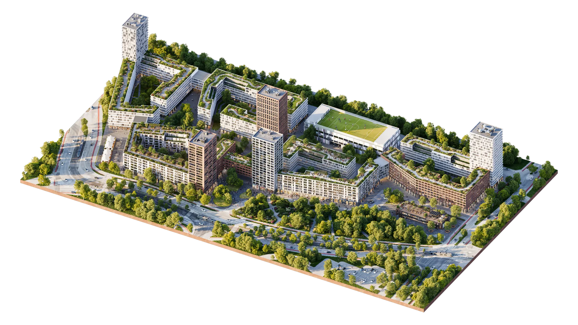 Aerial bird's-eye view of a modern residential complex, showing the architectural master plan.