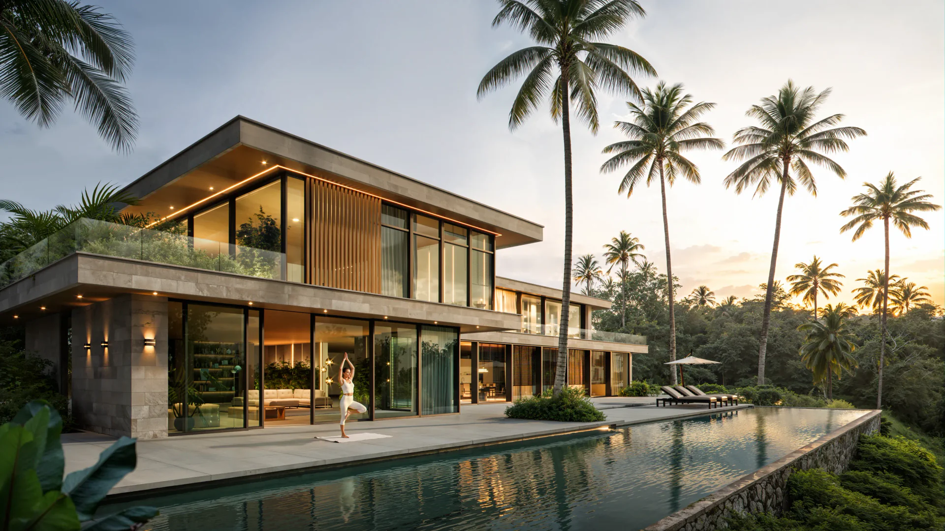 Woman doing yoga by a villa pool in the evening.