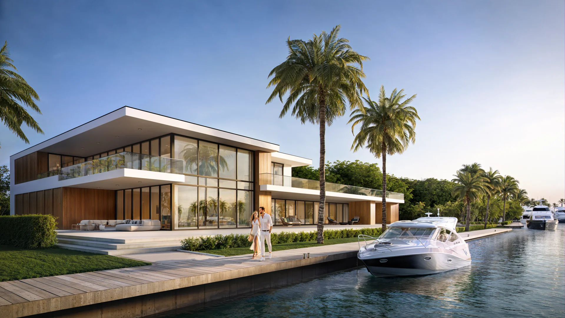 Seaside villa featuring a private boat dock for speedboats.