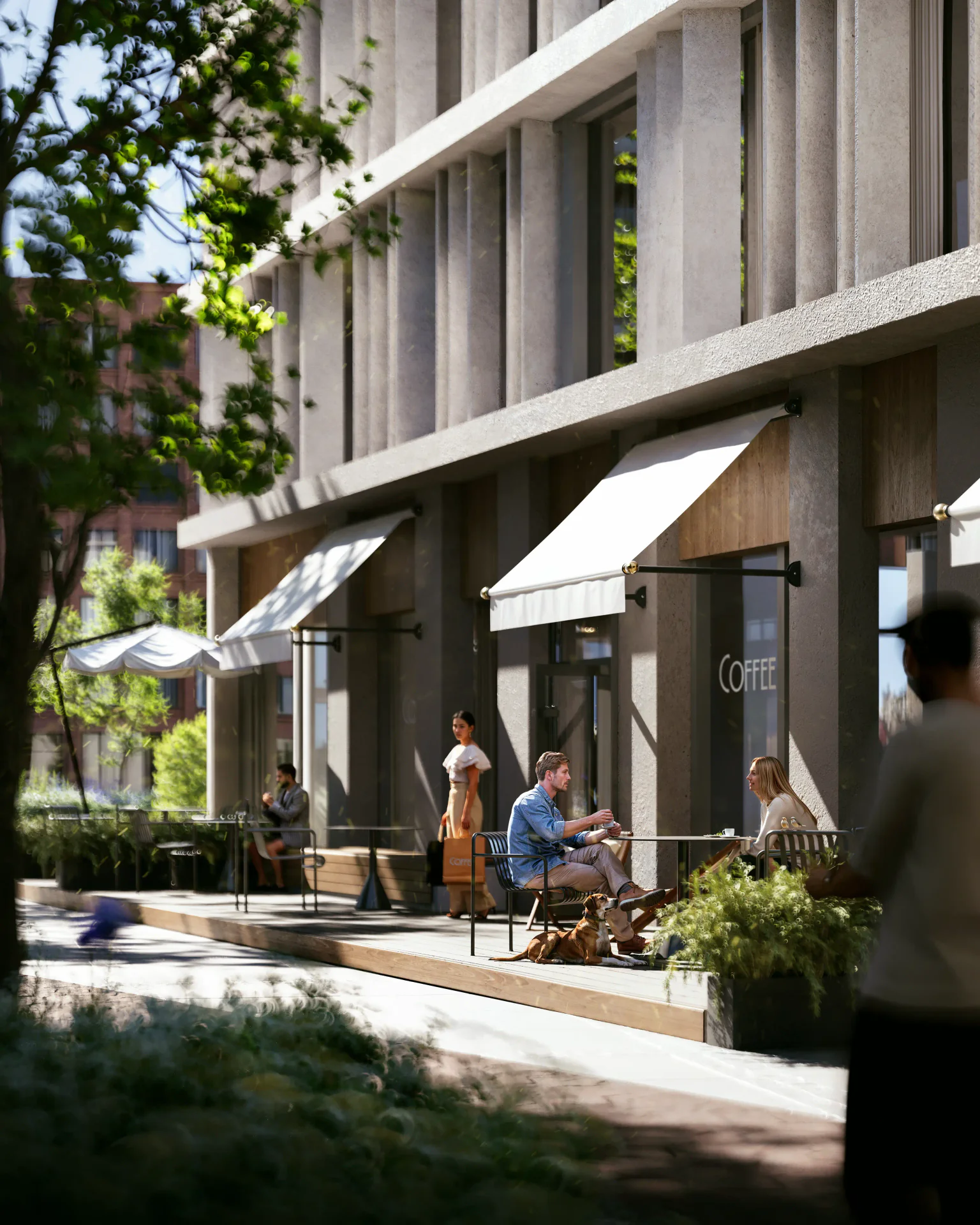 Sunlit outdoor terrace of a modern cafe, with tables and chairs on a warm, sunny day.
