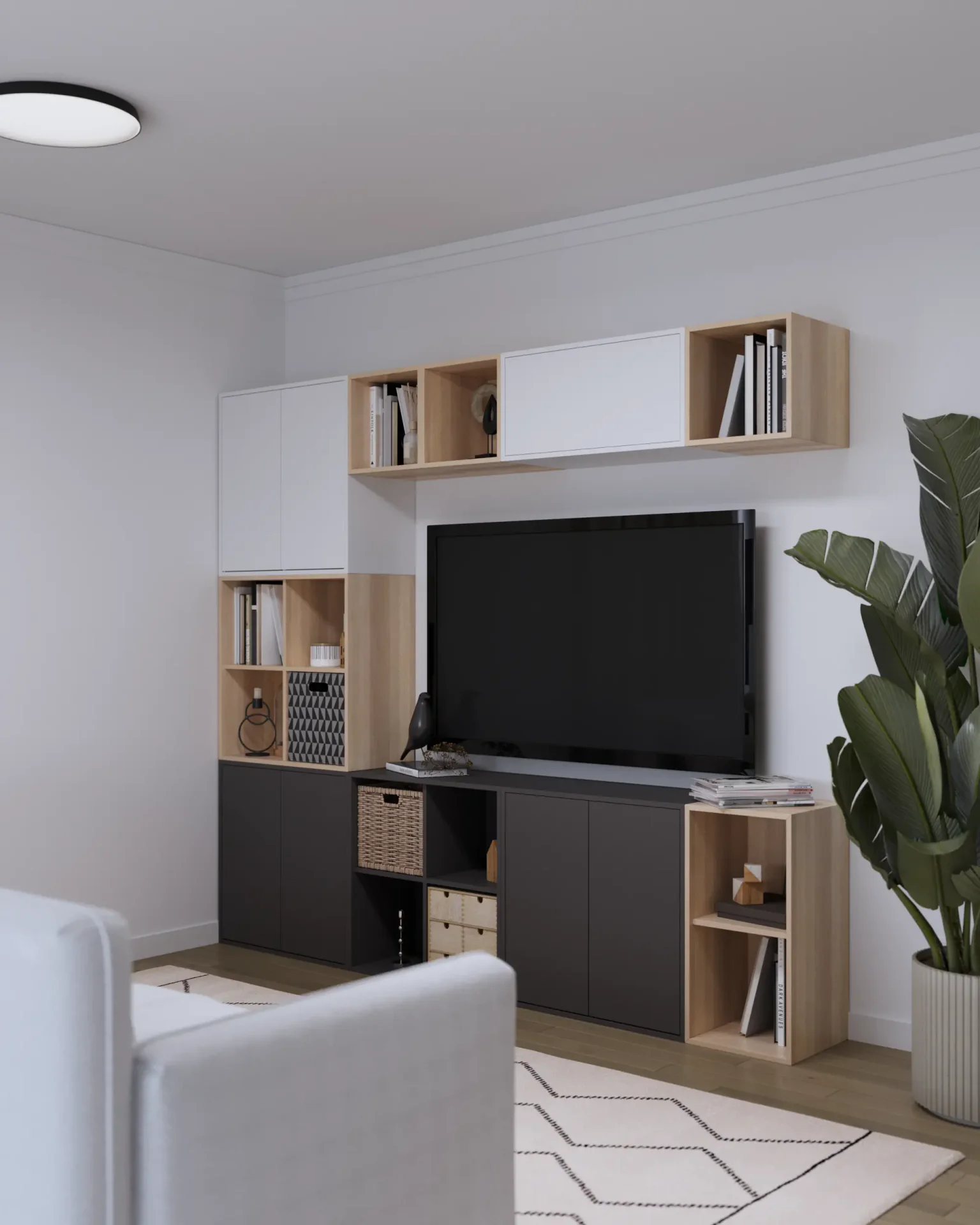 Angled view of a TV zone with shelving and storage.