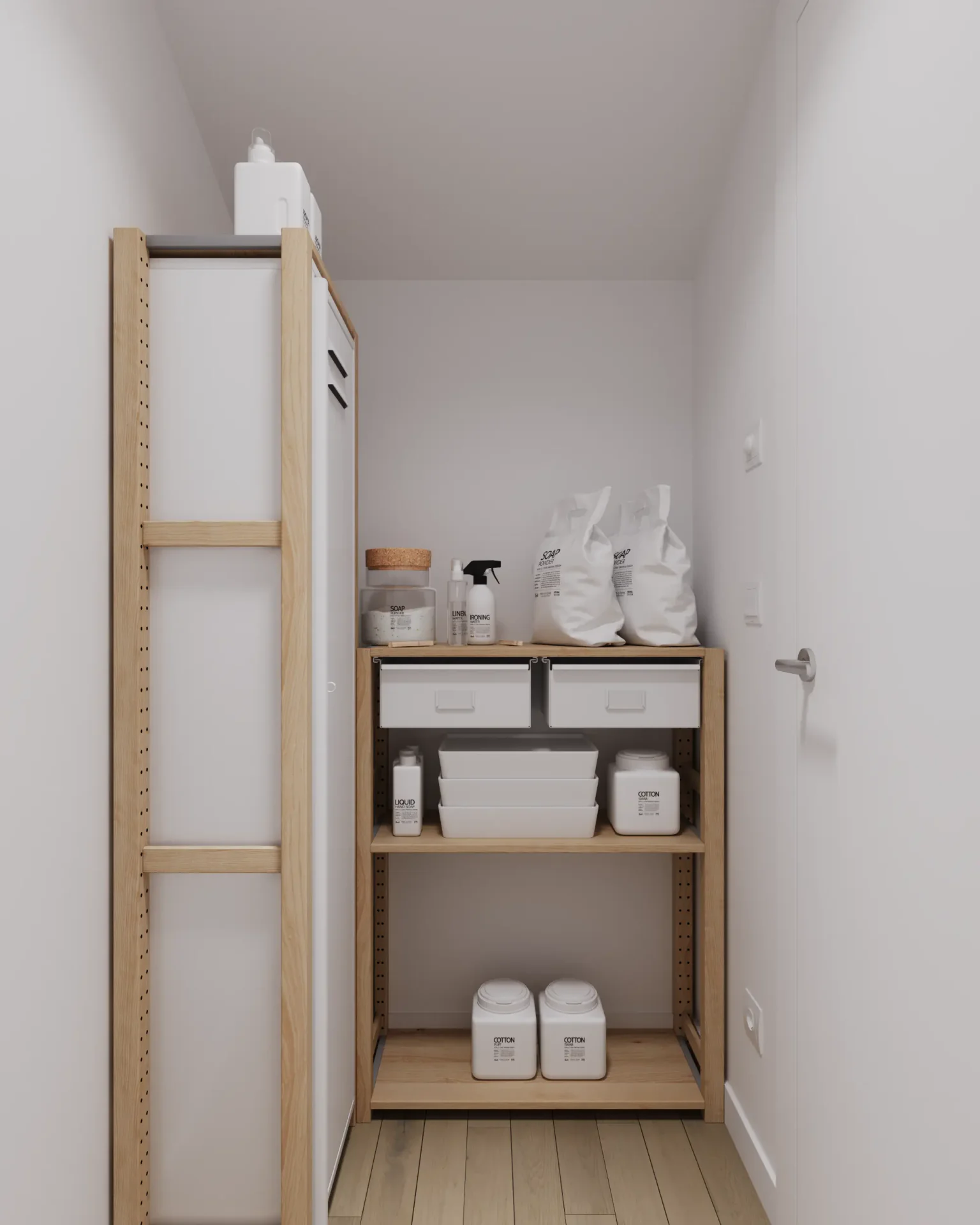 Pantry with shelving for household chemicals and appliances.