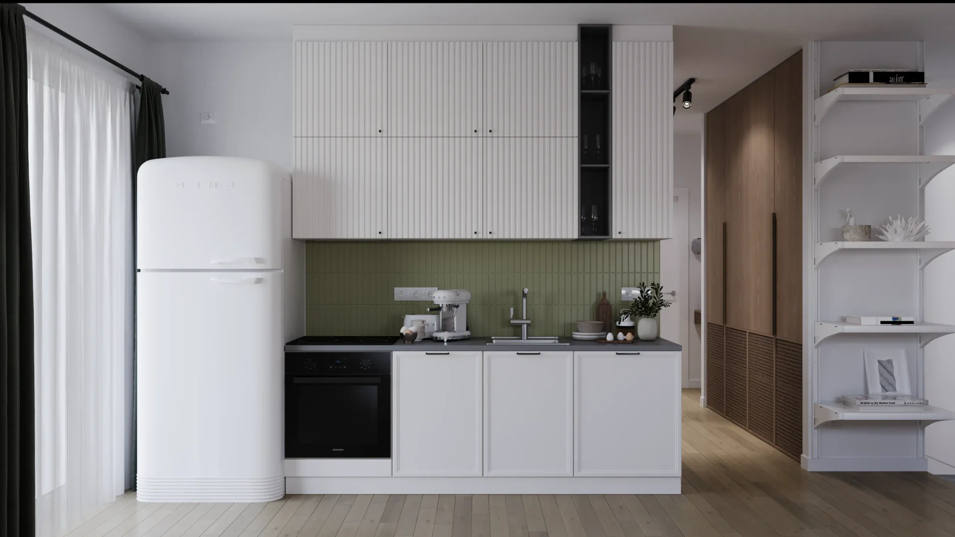 Front view of a kitchen, hallway entrance, and shelving.