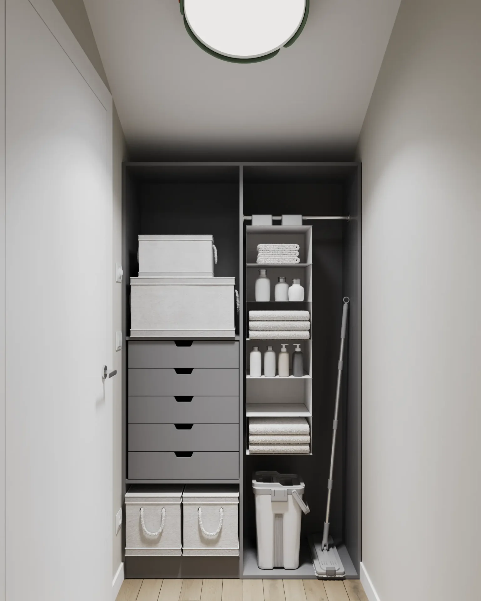 Shelving unit with drawers for household chemical storage.