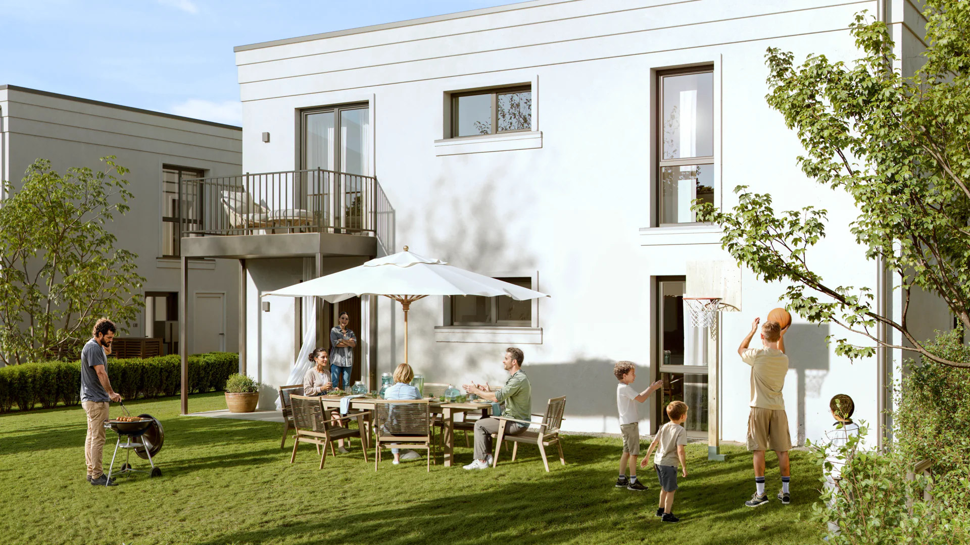 Horizontal shot of a backyard leisure zone with residents enjoying a picnic.
