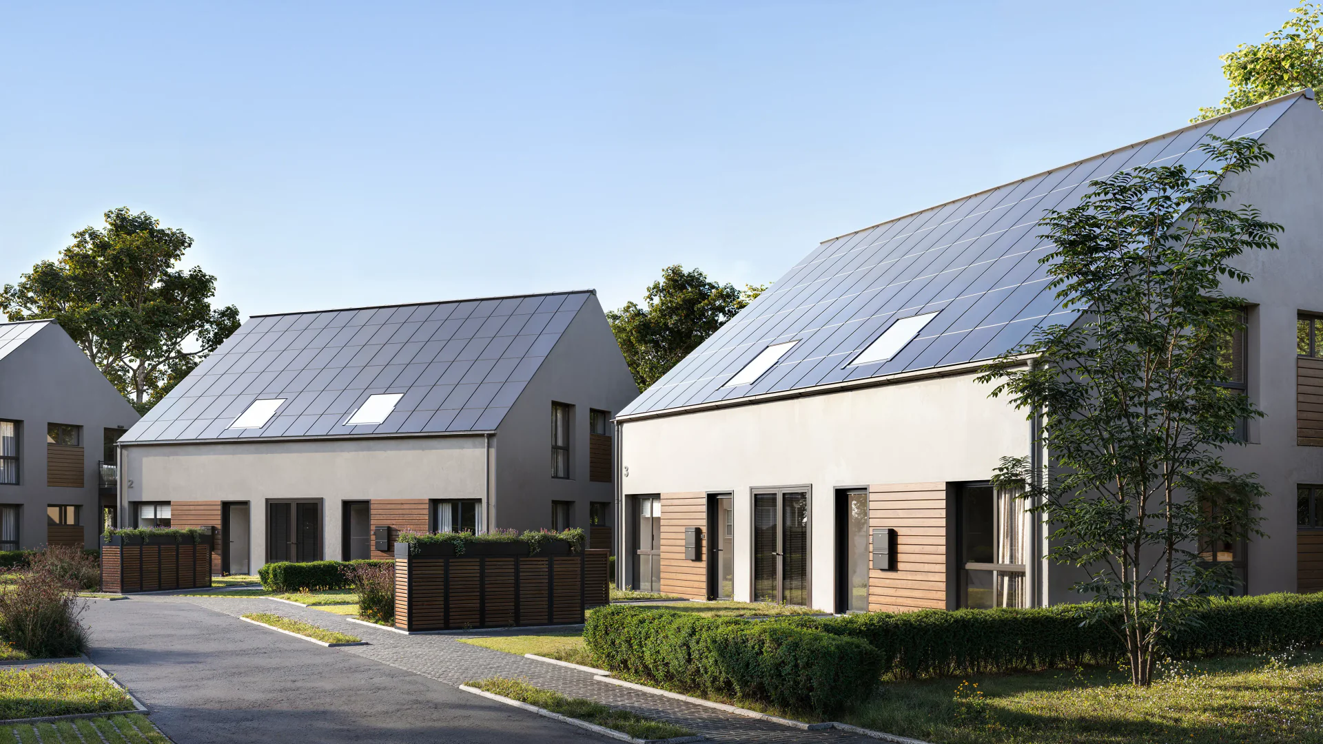 Angled street view of homes and entrance zones.