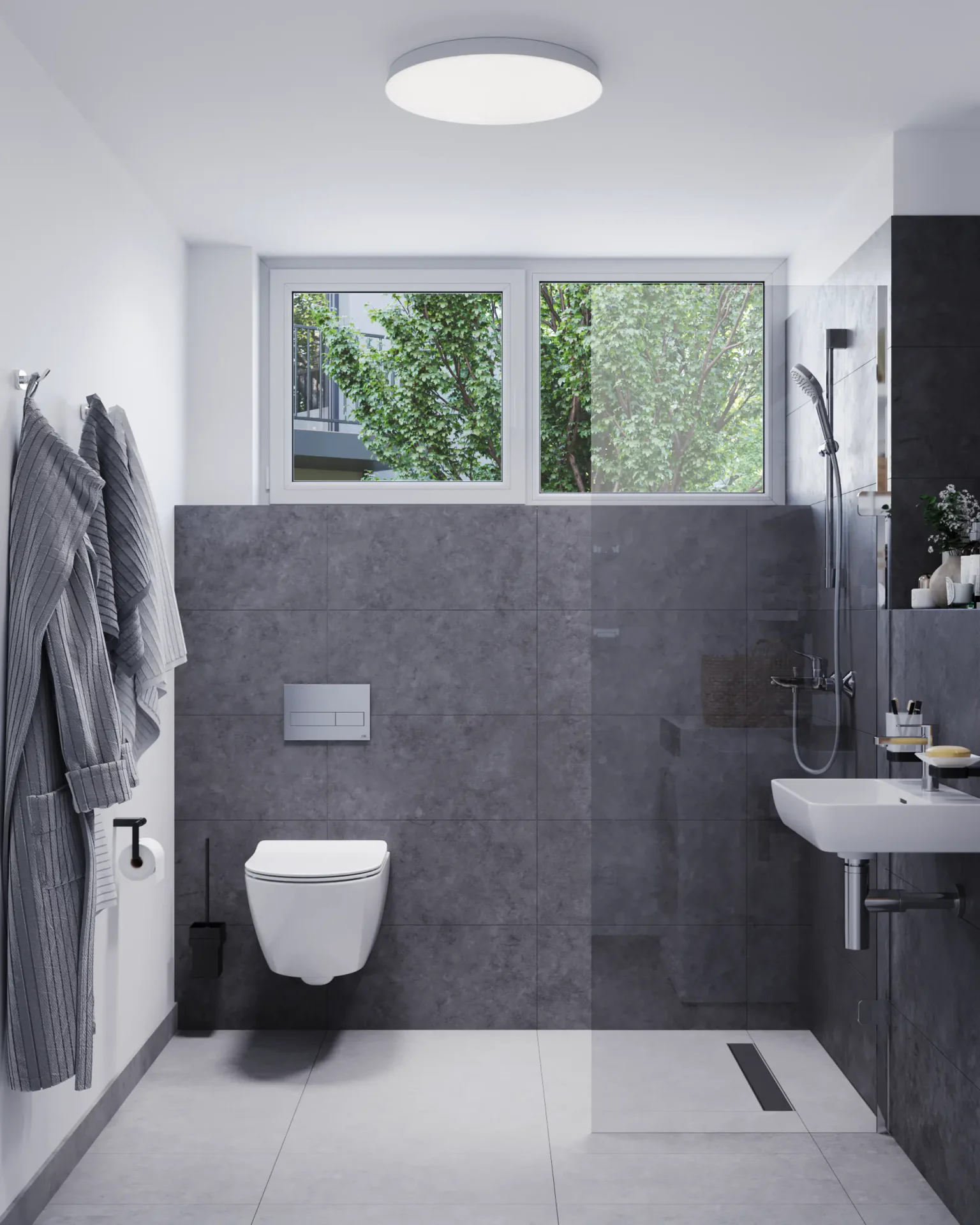 Front view of a toilet installation and shower area.