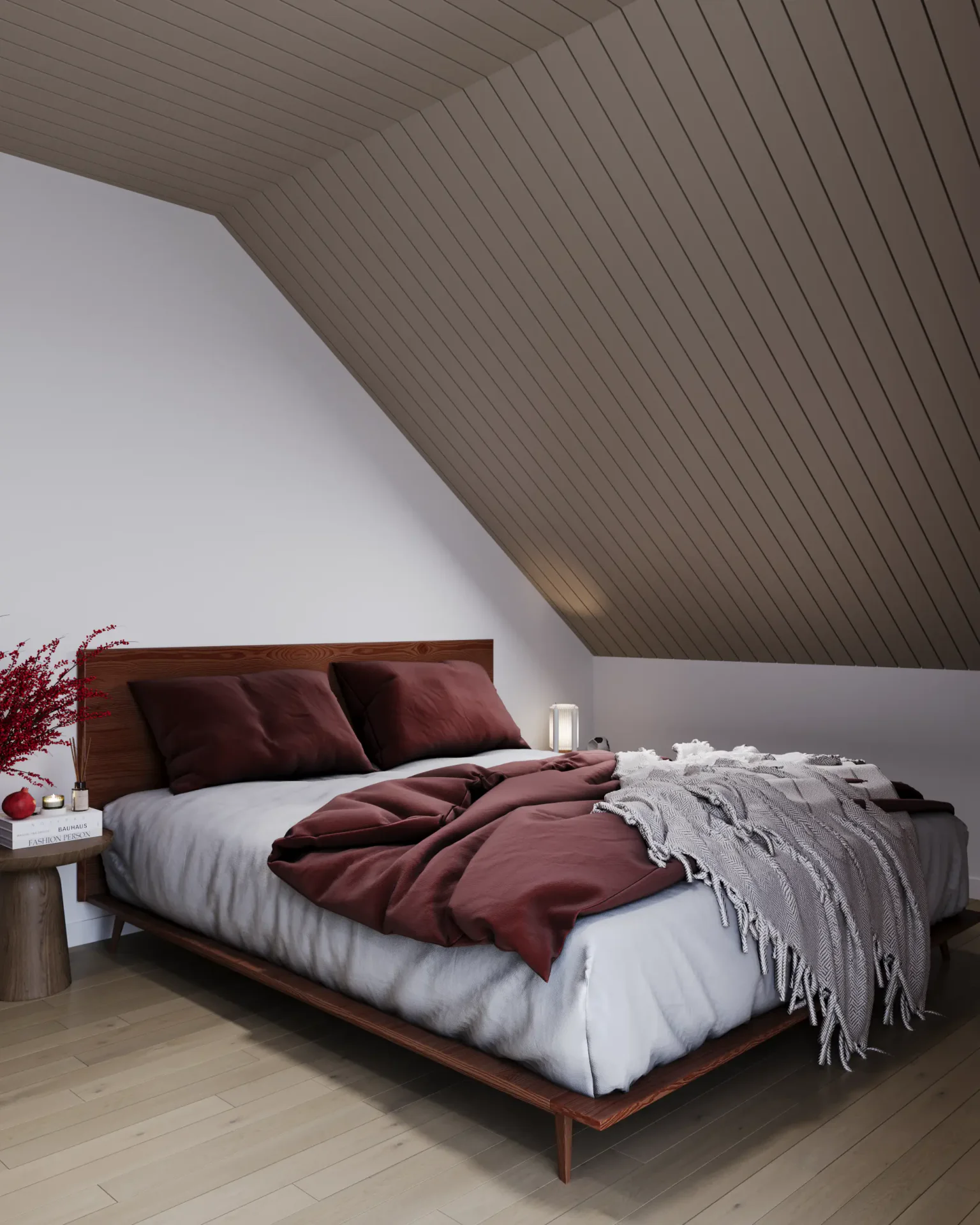 Angled view of a bed.