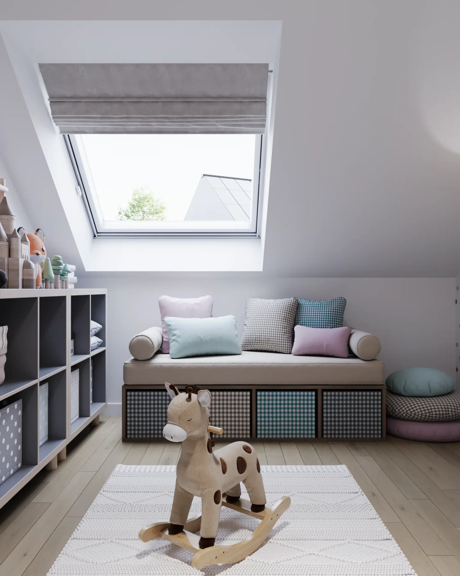 Play area by the window with a rocking horse.