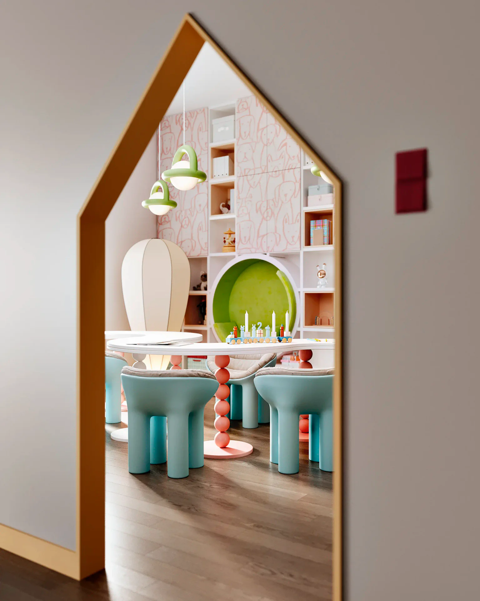 Bright, modern children's workshop classroom with colorful desks and creative supplies for learning activities.