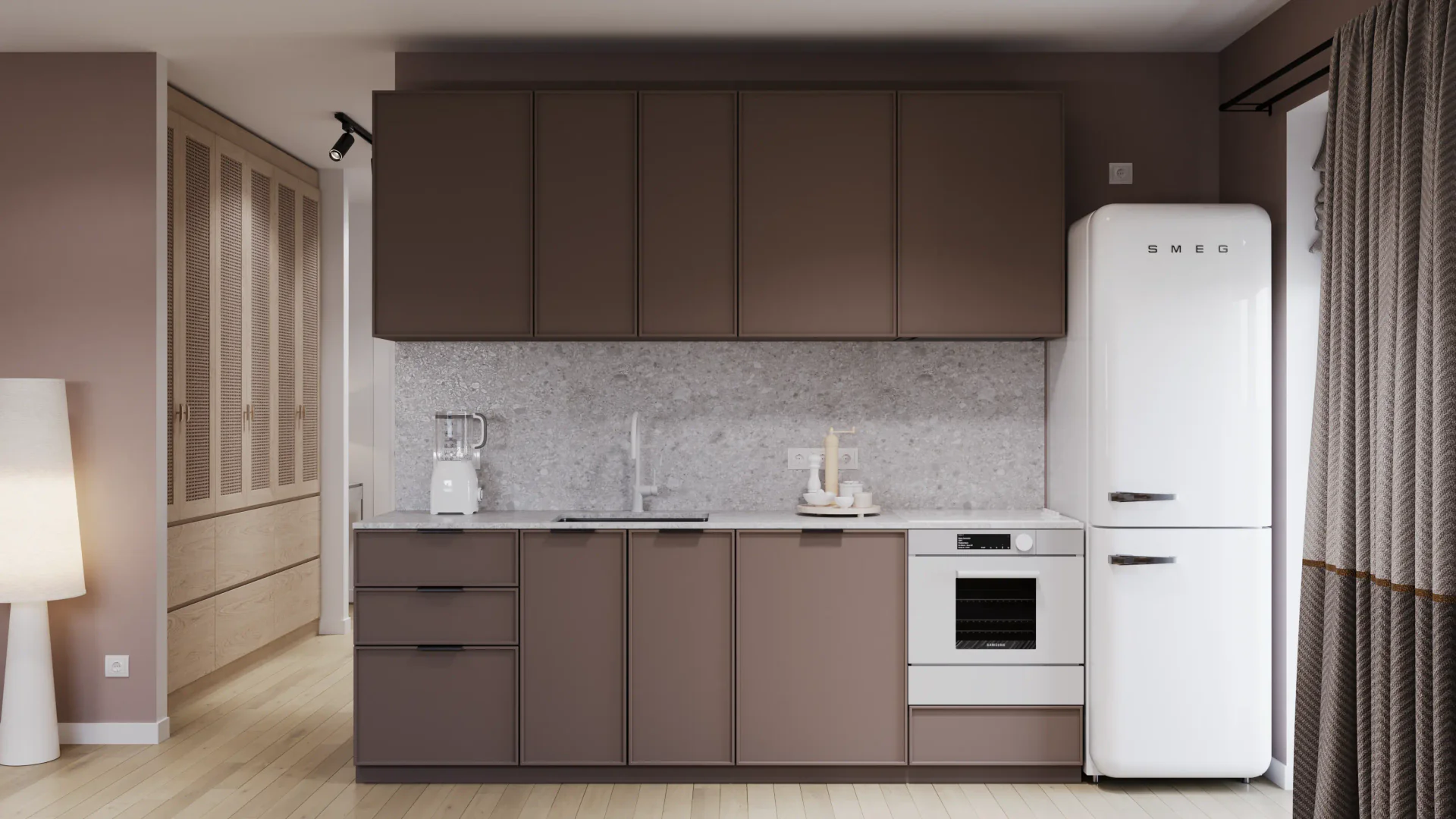 Front view of a kitchen, hallway entrance, floor lamp, and wardrobe.