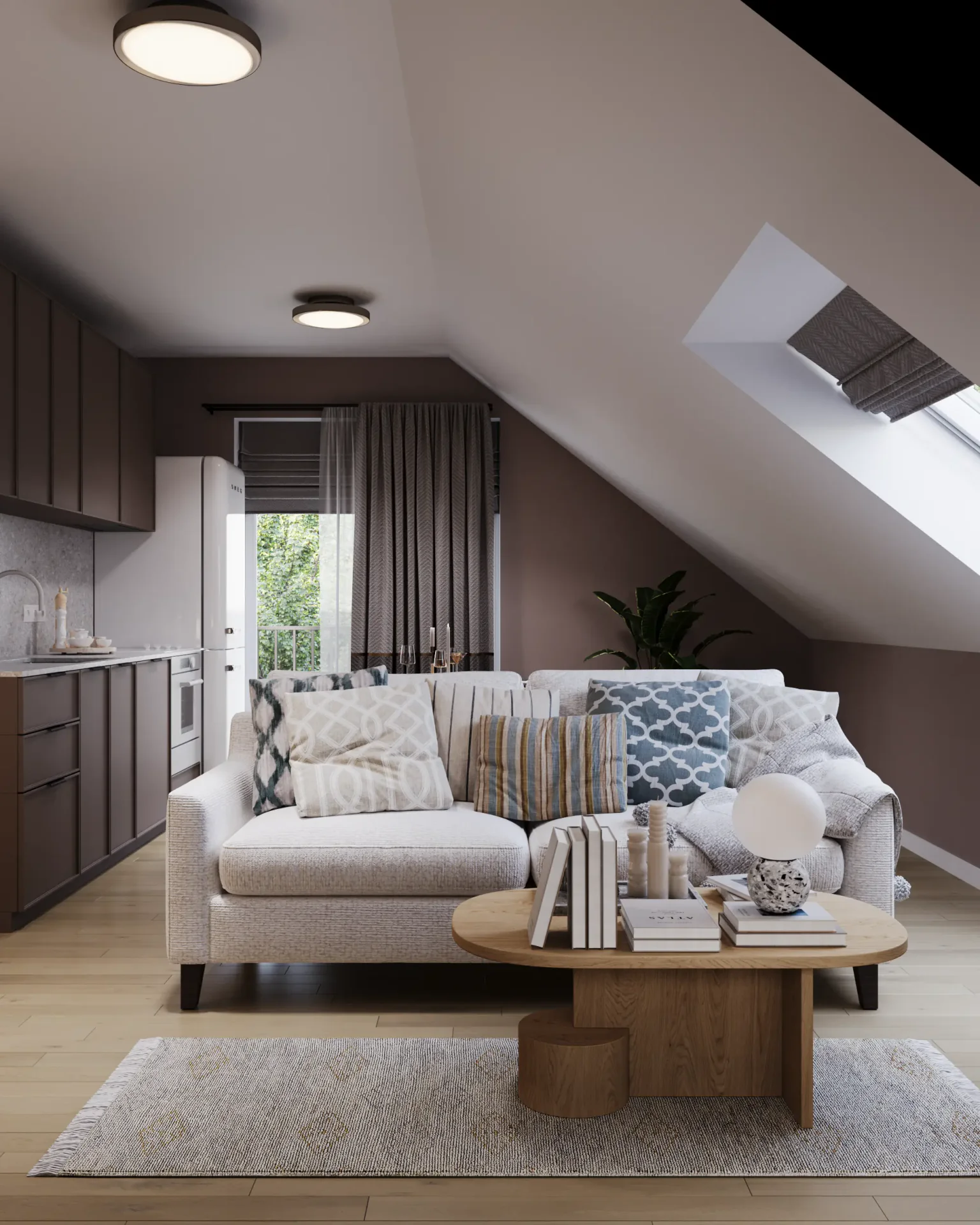 Front view of a sofa, coffee table, and kitchen background.