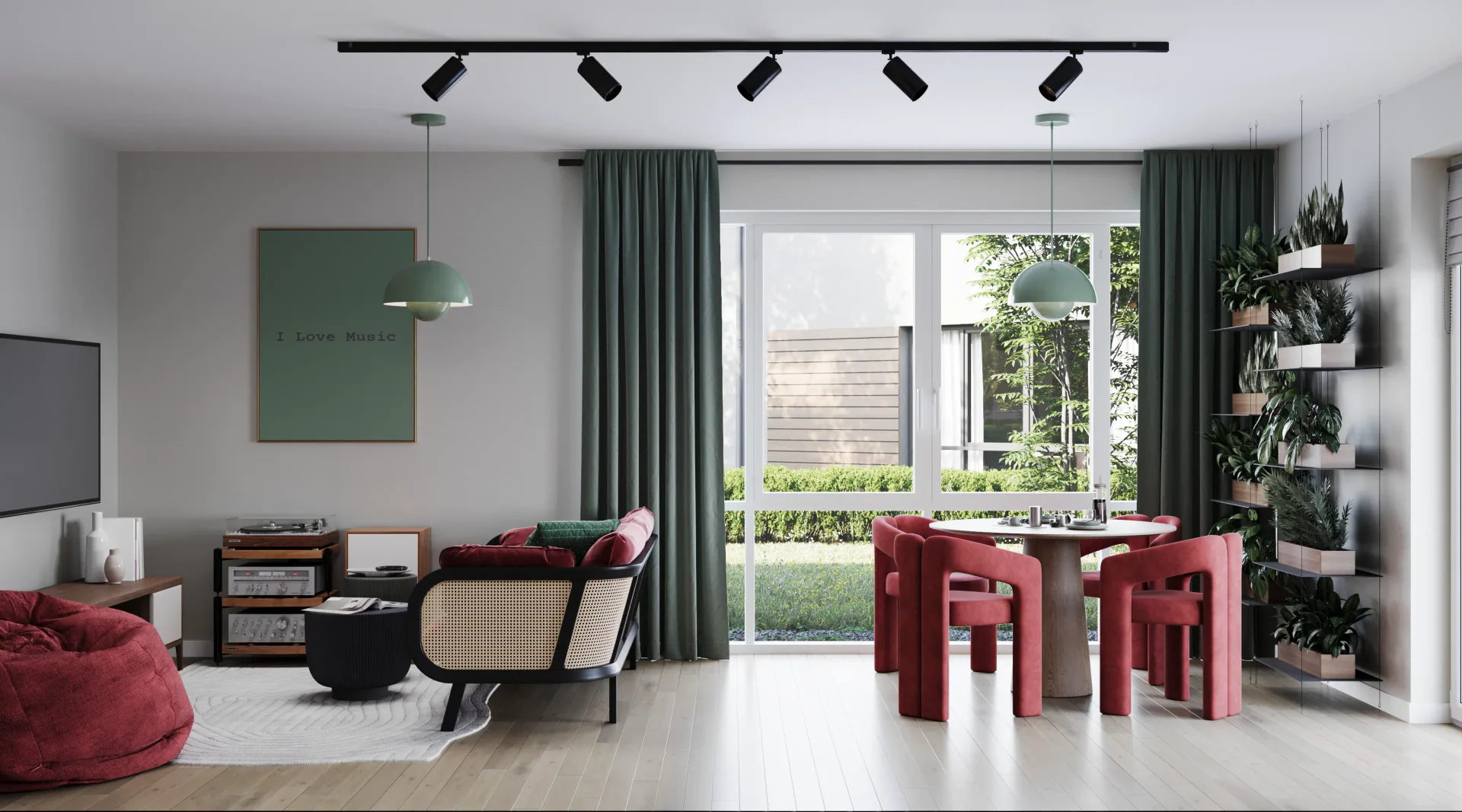 General living room view with sofa, TV, dining area, and plants.