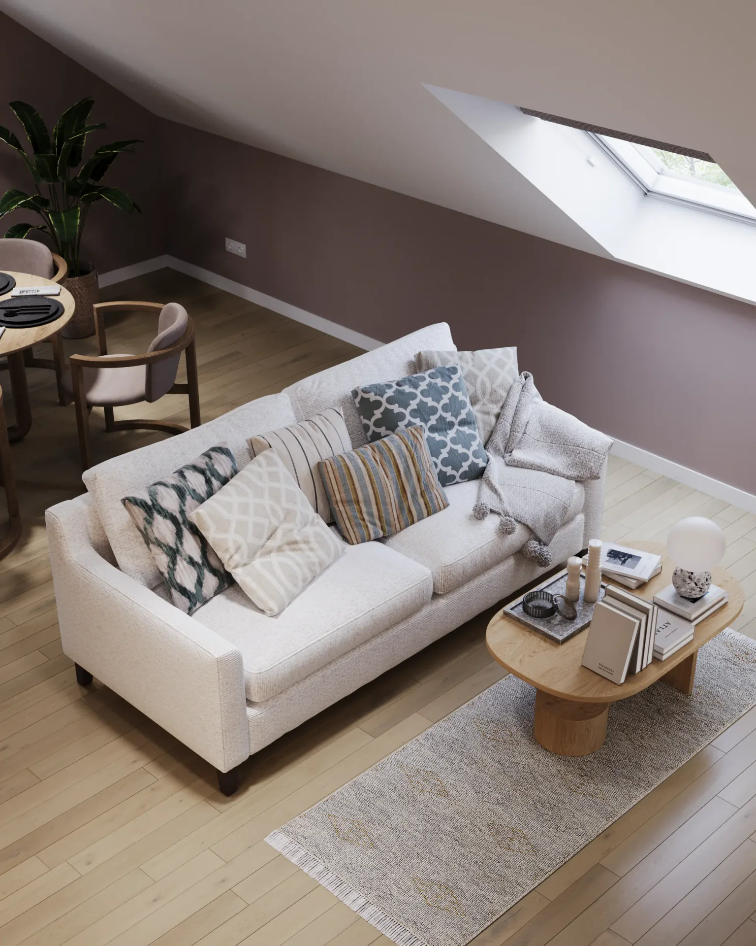 Top-down view of a sofa and coffee table.