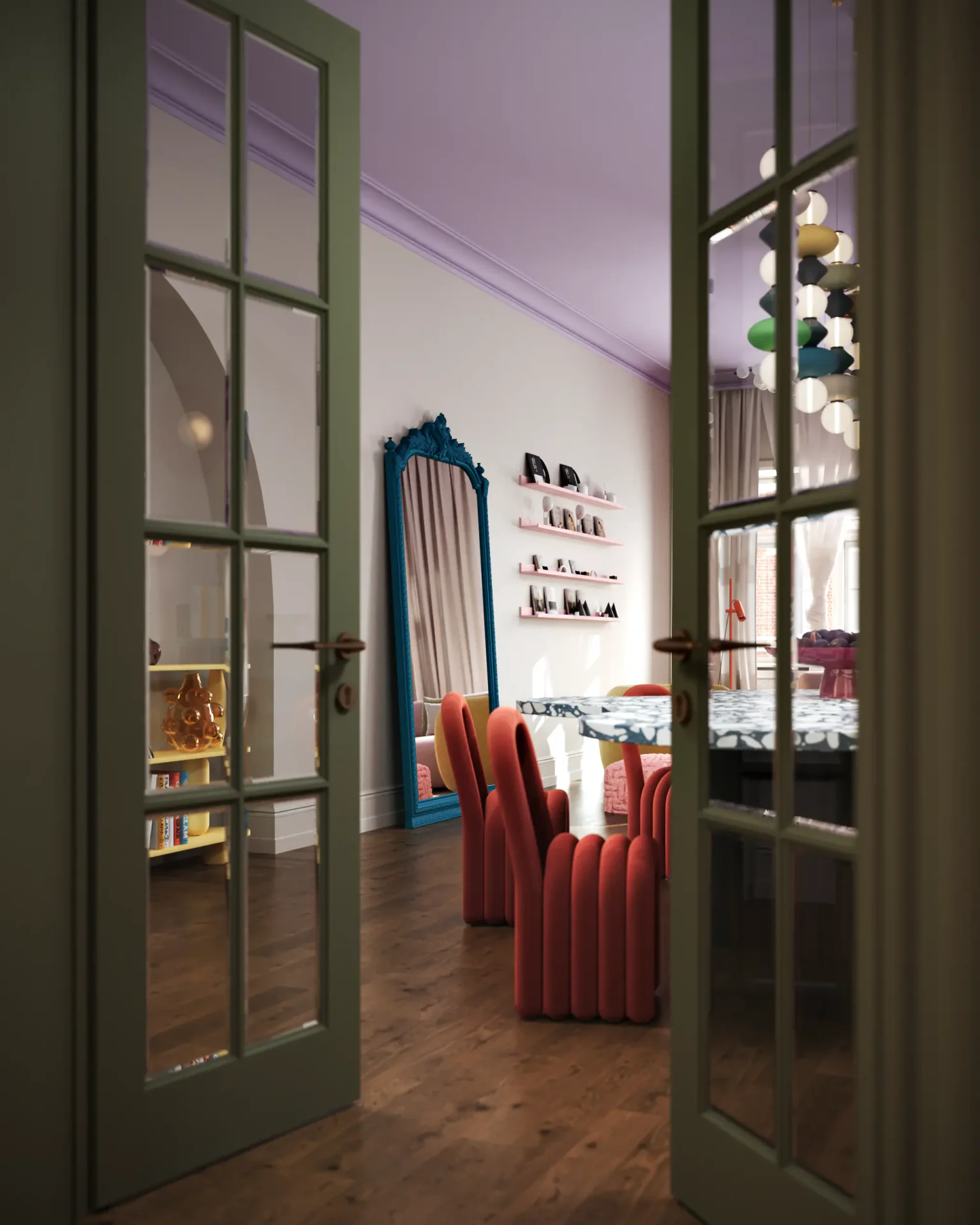 Entrance view into a living room, showing a partial glimpse of the colorful dining area.