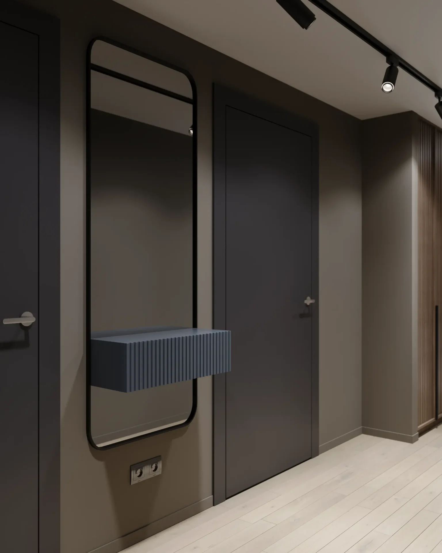 Angled view of a console table with a mirror.