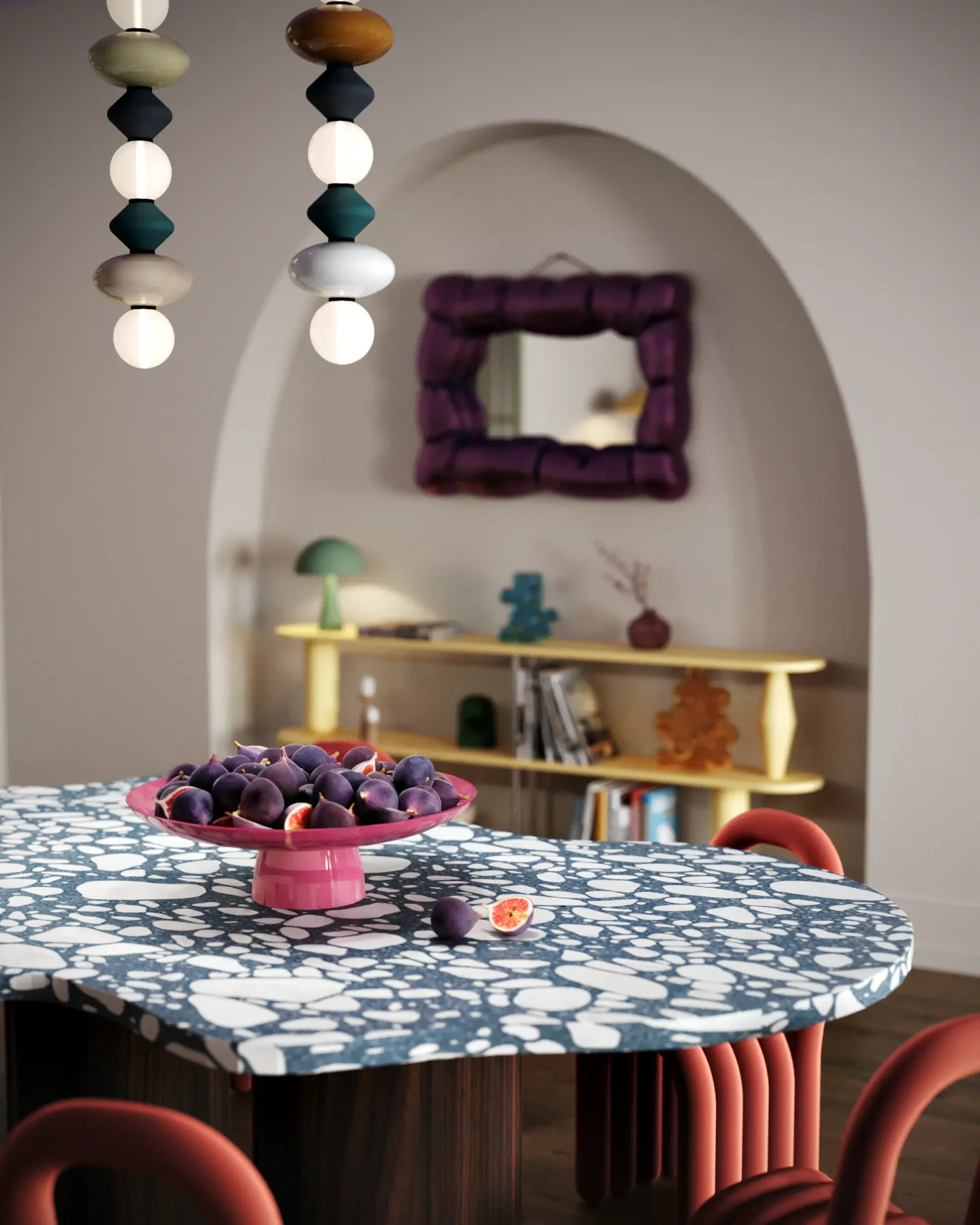 Close-up of a modern coffee table, styled with a contemporary vase holding fresh figs.