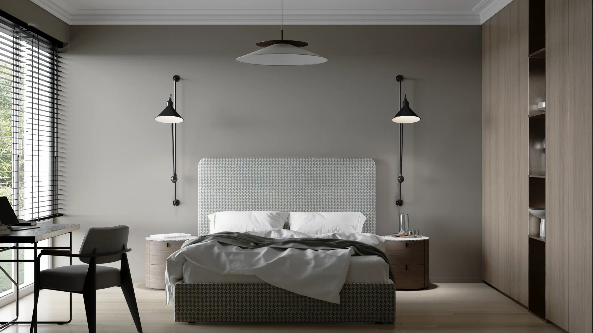 Front view of a bed, wardrobe, workspace, nightstands, and sconces.