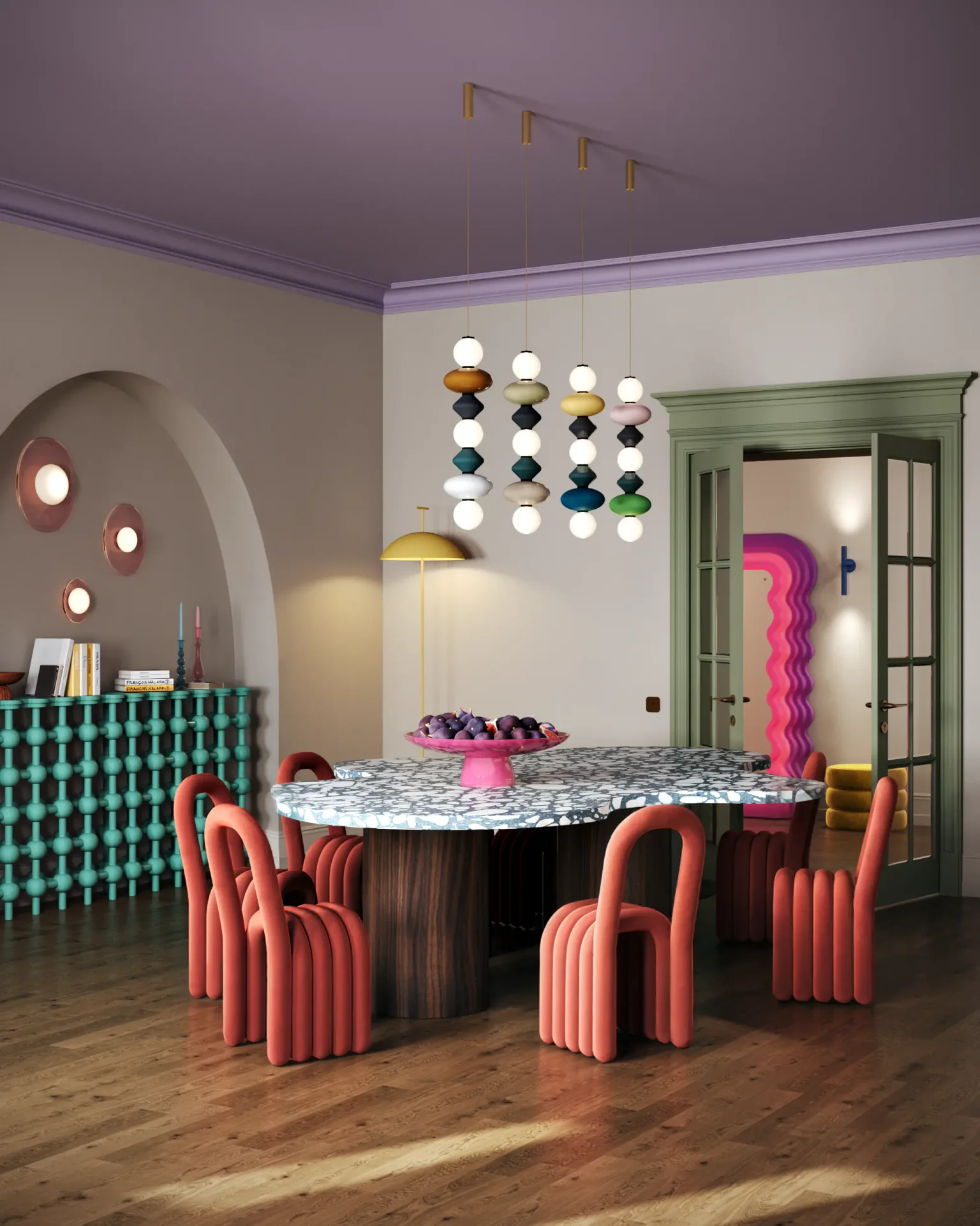 Bright dining space with a view of the adjacent hallway, blending Pop Art and modern styles.