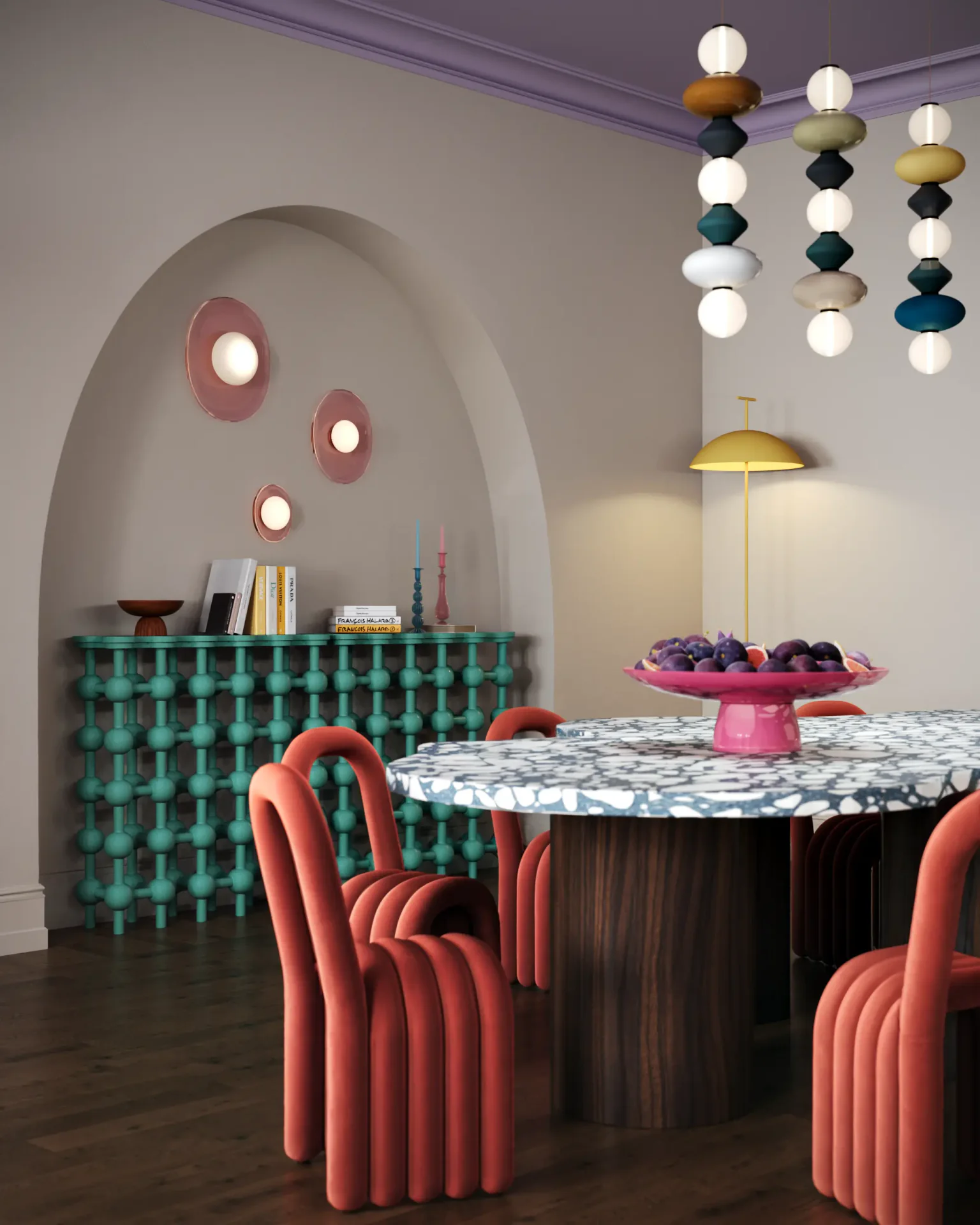 Modern dining area featuring a sleek table and chairs next to a vibrant blue storage cabinet.