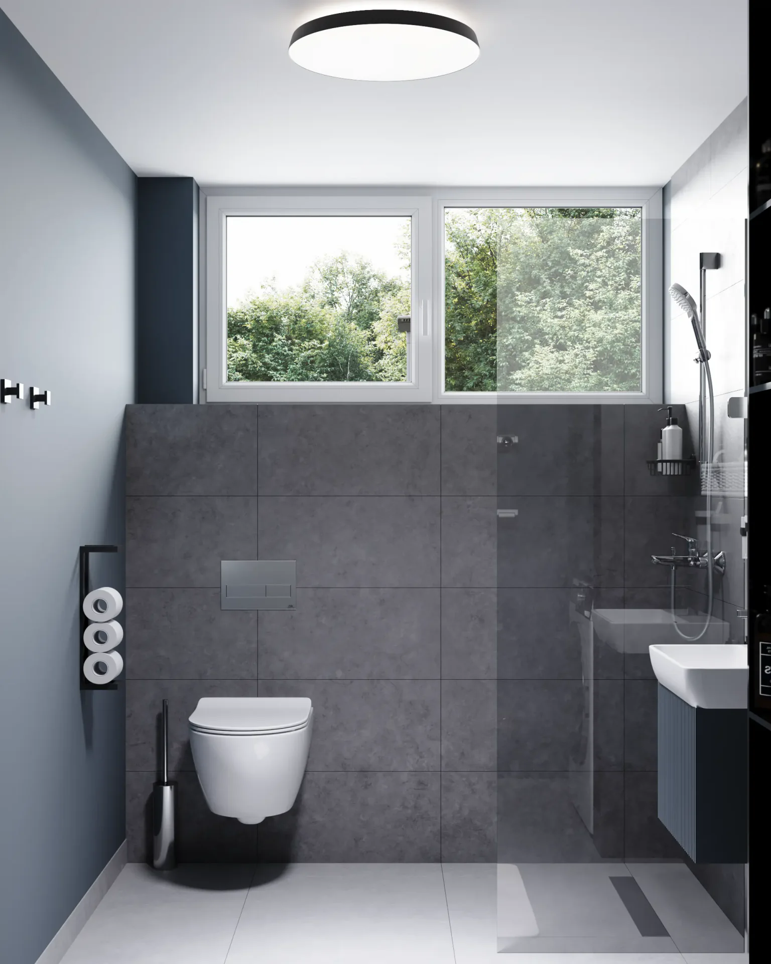 Front view of a toilet installation and shower area.