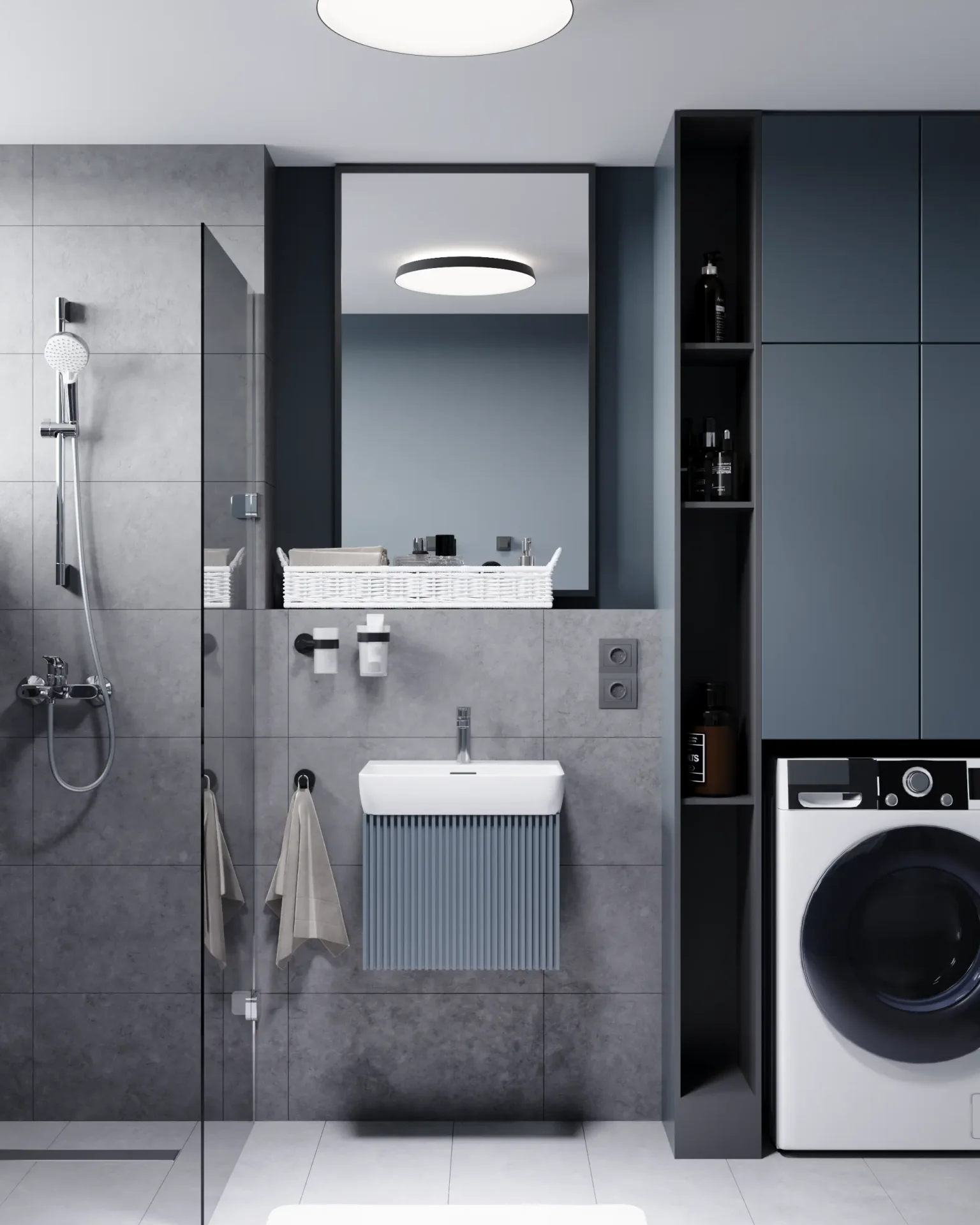 Front view of a sink vanity and tall unit with washing machine.
