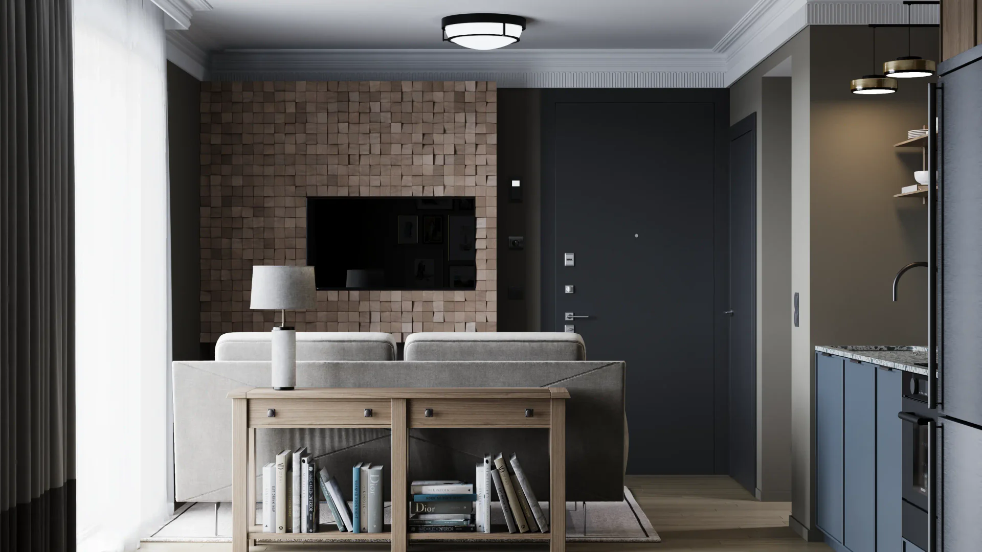 Entrance view looking towards the living room and console table.