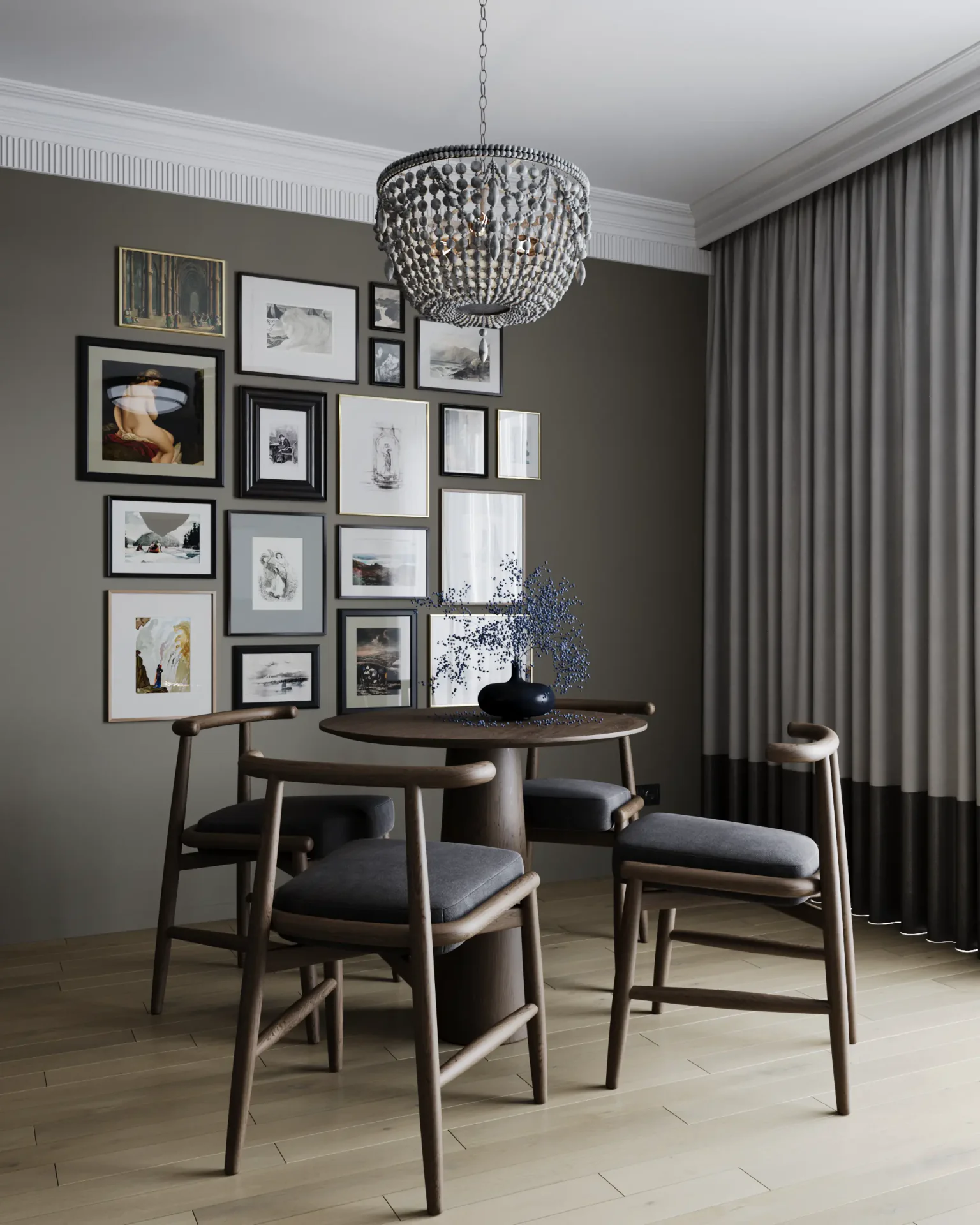 Dining area for four with a pendant light and modern decor.